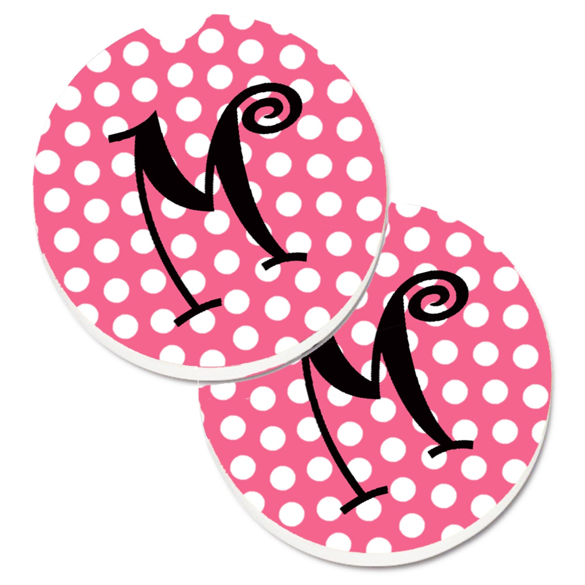 'Caroline'S Treasures Letter M Monogram - Pink Black Polka Dots Set Of 2 Cup Holder Car Coasters Cj1001-Mcarc, 2.56, Multicolor
