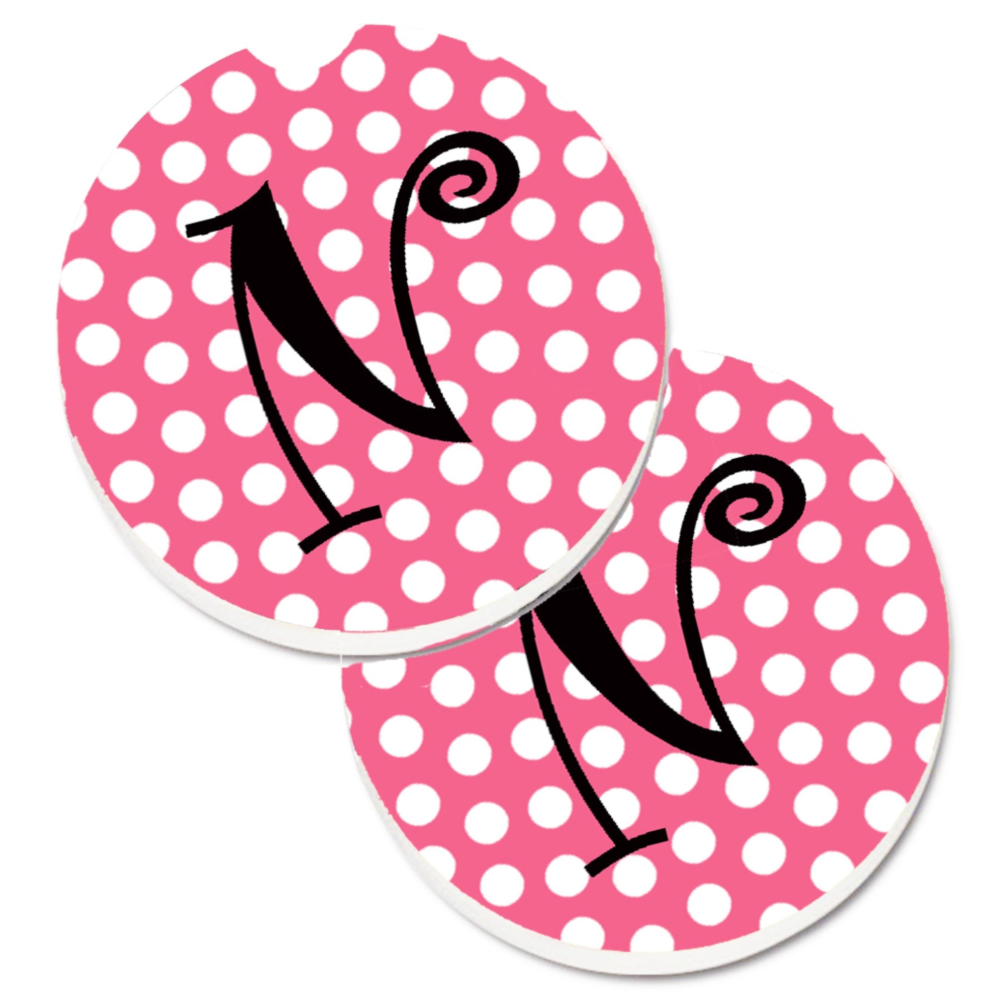 'Caroline'S Treasures Letter N Monogram - Pink Black Polka Dots Set Of 2 Cup Holder Car Coasters Cj1001-Ncarc, 2.56, Multicolor