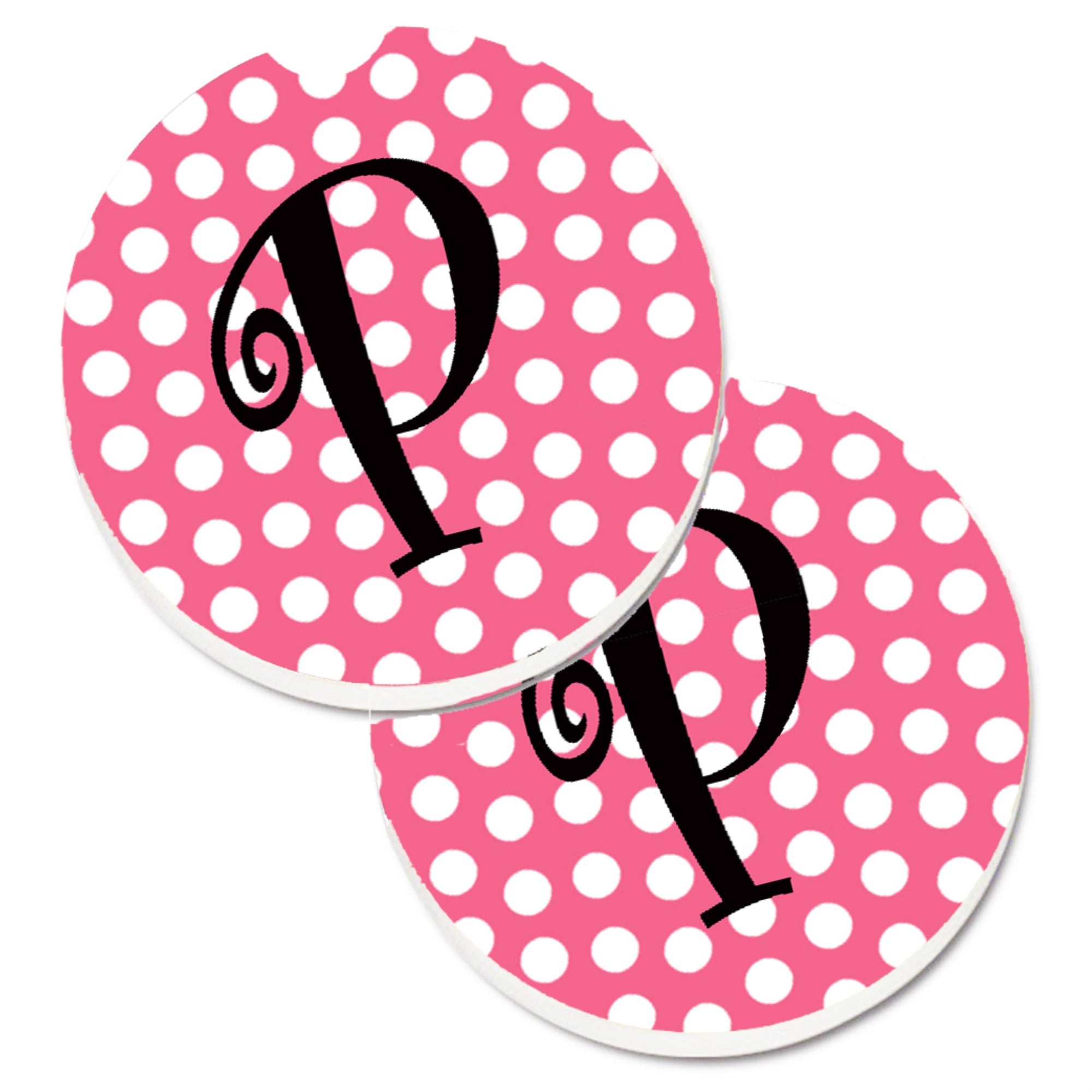 'Caroline'S Treasures Letter P Monogram - Pink Black Polka Dots Set Of 2 Cup Holder Car Coasters Cj1001-Pcarc, 2.56, Multicolor