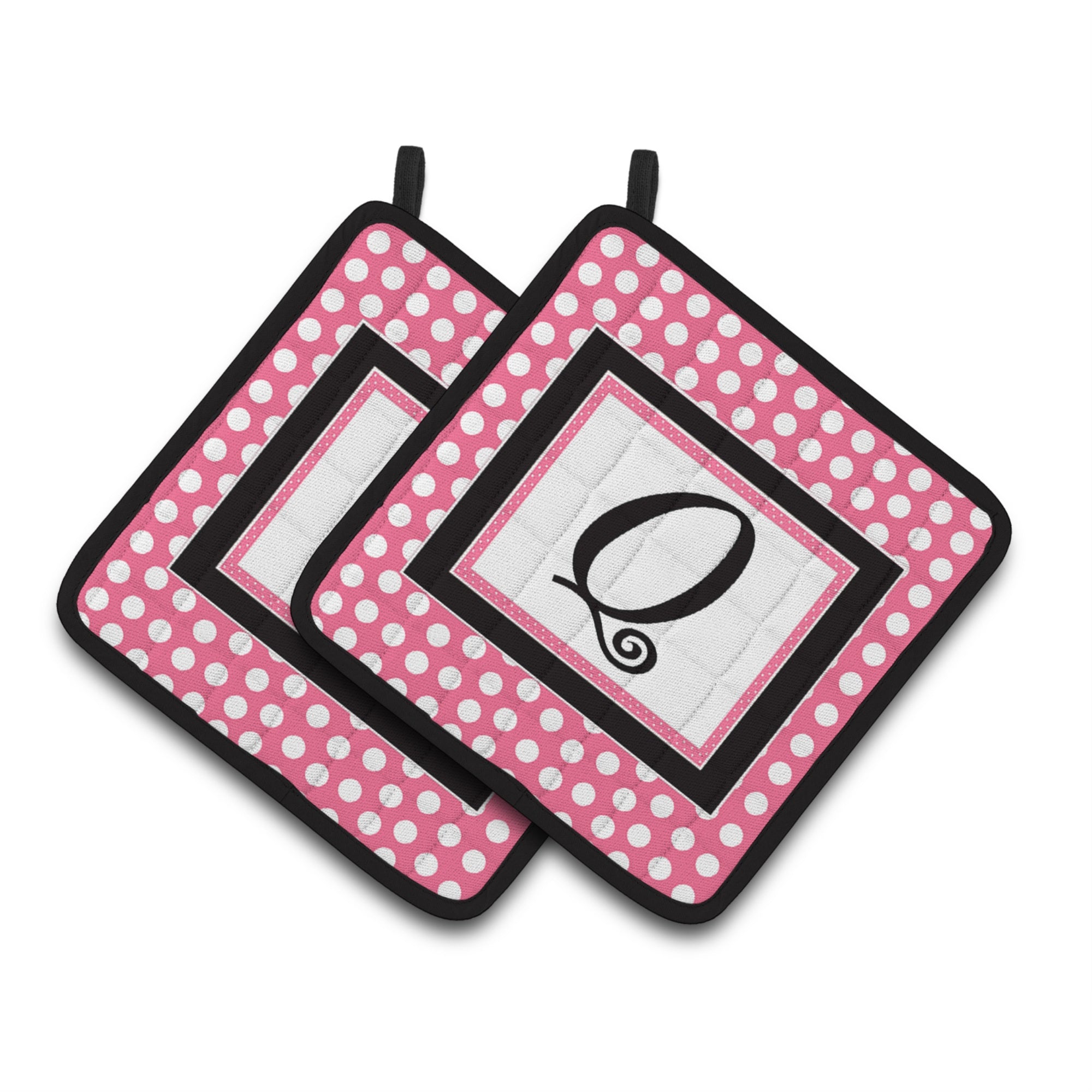 'Caroline'S Treasures Letter Q Monogram - Pink Black Polka Dots Pair Of Pot Holders Cj1001-Qpthd, 7.5Hx7.5W, Multicolor''