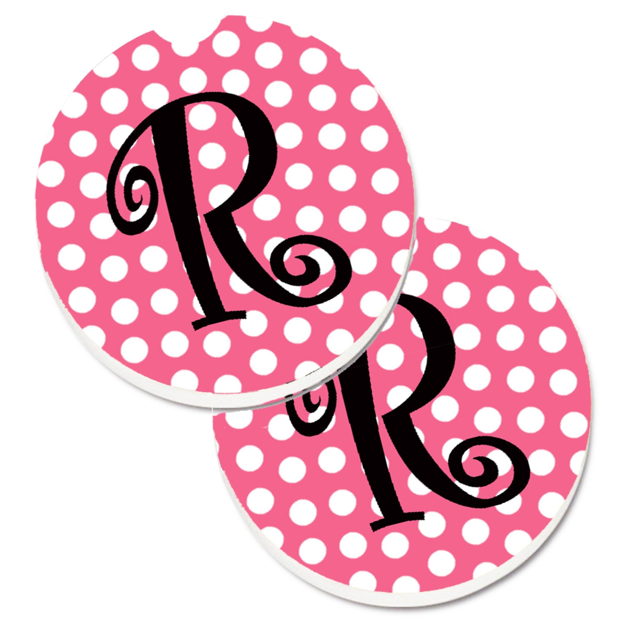 'Caroline'S Treasures Letter R Monogram - Pink Black Polka Dots Set Of 2 Cup Holder Car Coasters Cj1001-Rcarc, 2.56, Multicolor