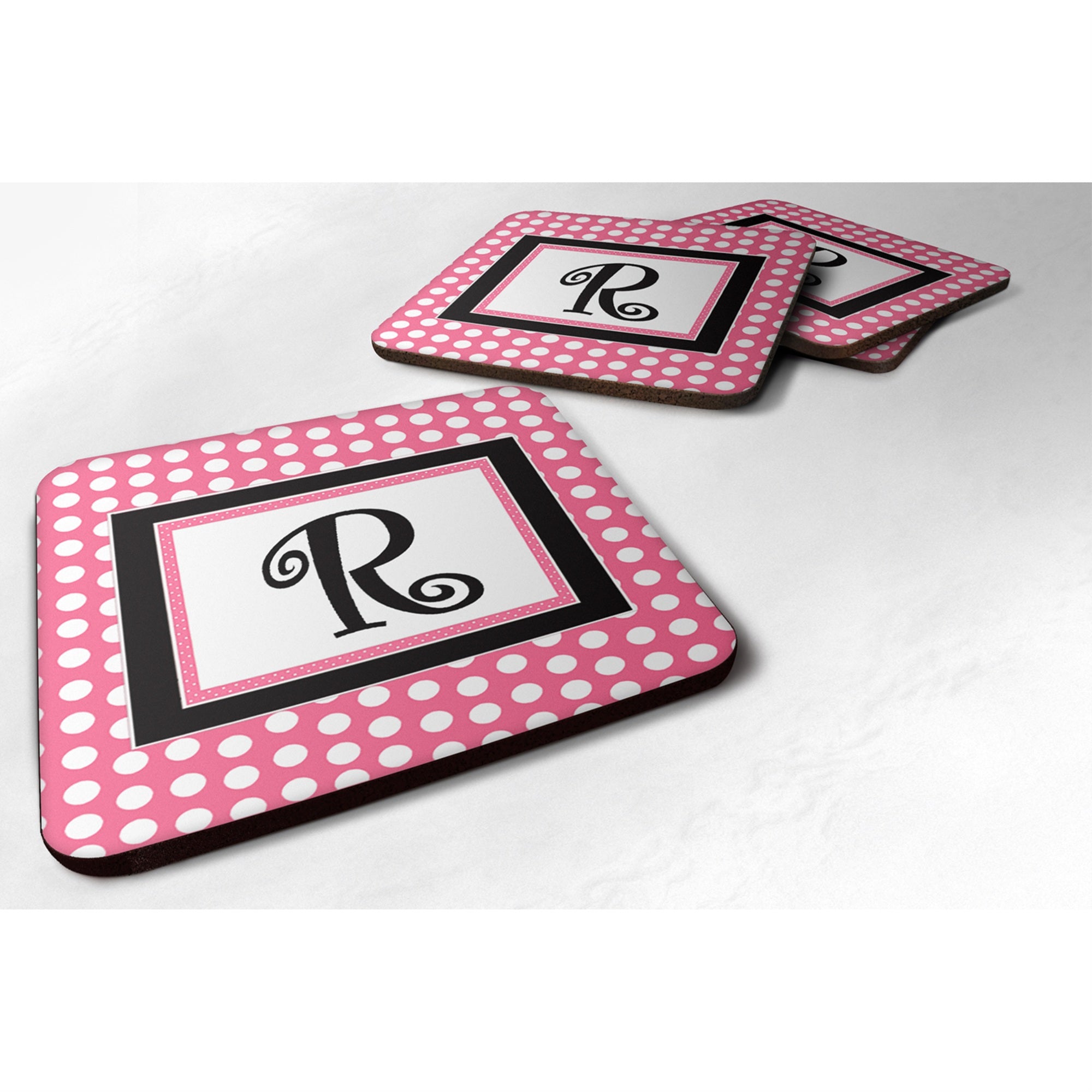 'Caroline'S Treasures Cj1001-Rfc Monogram-Pink Black Polka Dots Foam Coasters (Set Of 4), Initial Letter R, 3.5'''' H X 3.5''''