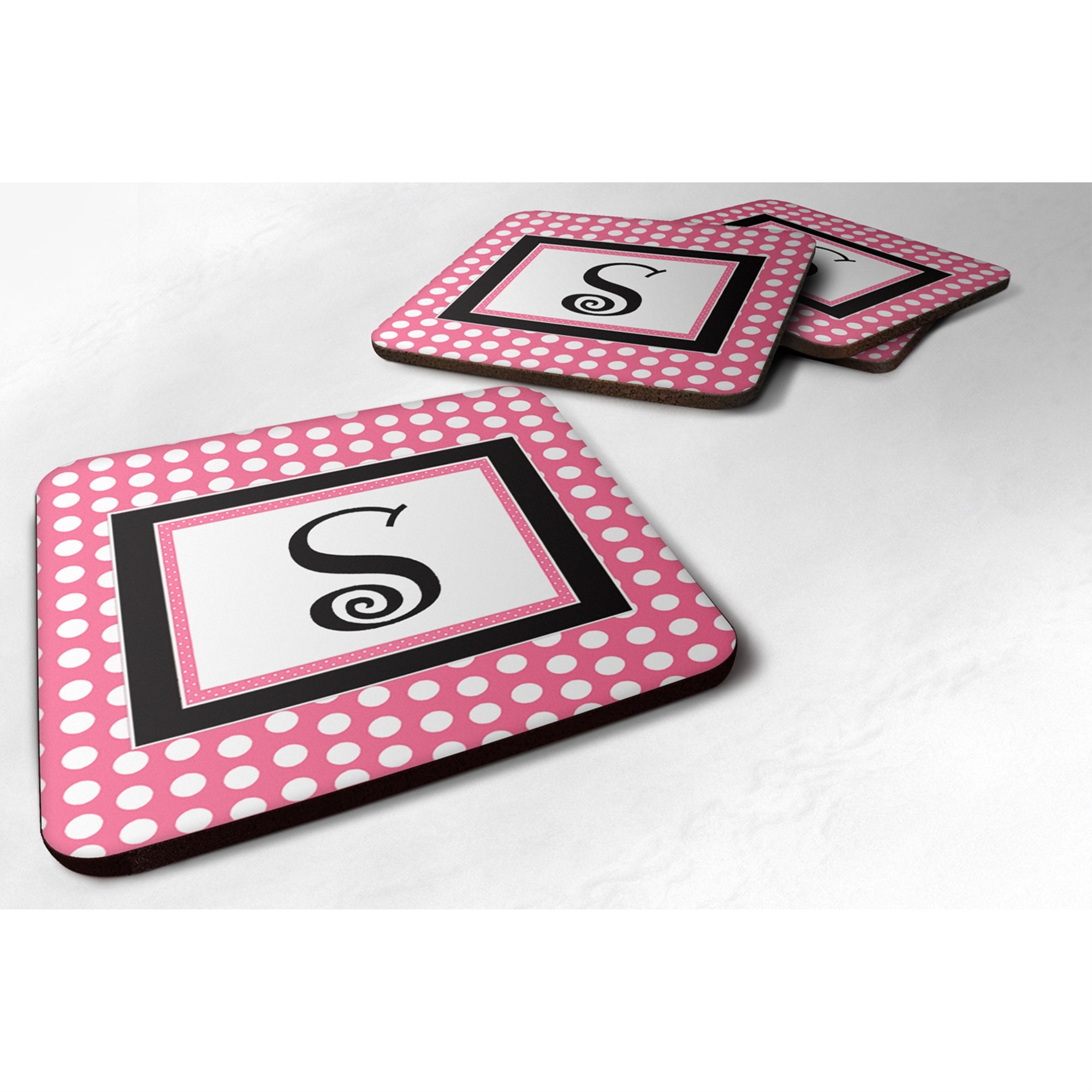 'Caroline'S Treasures Cj1001-Sfc Monogram-Pink Black Polka Dots Foam Coasters (Set Of 4), Initial Letter S, 3.5'''' H X 3.5''''
