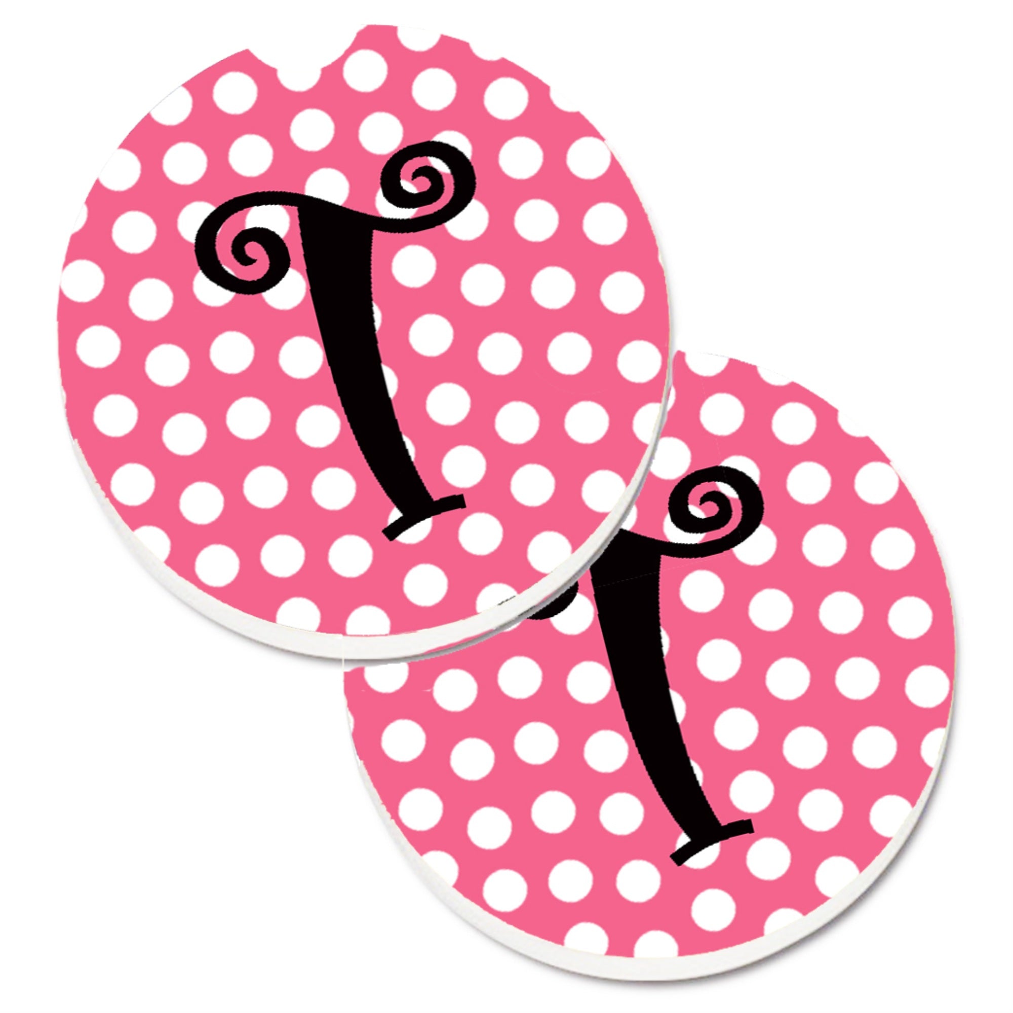 'Caroline'S Treasures Letter T Monogram - Pink Black Polka Dots Set Of 2 Cup Holder Car Coasters Cj1001-Tcarc, 2.56, Multicolor