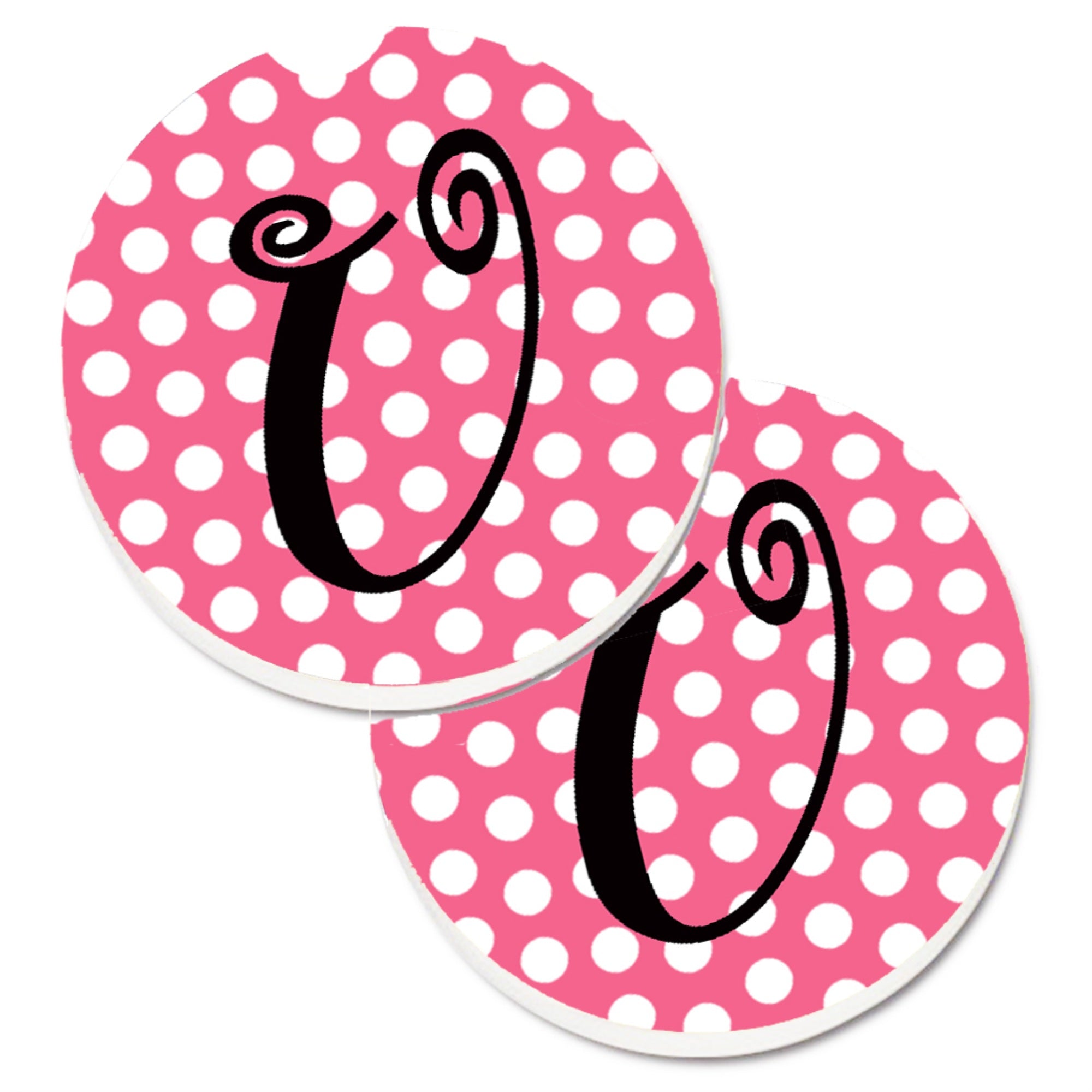 'Caroline'S Treasures Letter U Monogram - Pink Black Polka Dots Set Of 2 Cup Holder Car Coasters Cj1001-Ucarc, 2.56, Multicolor