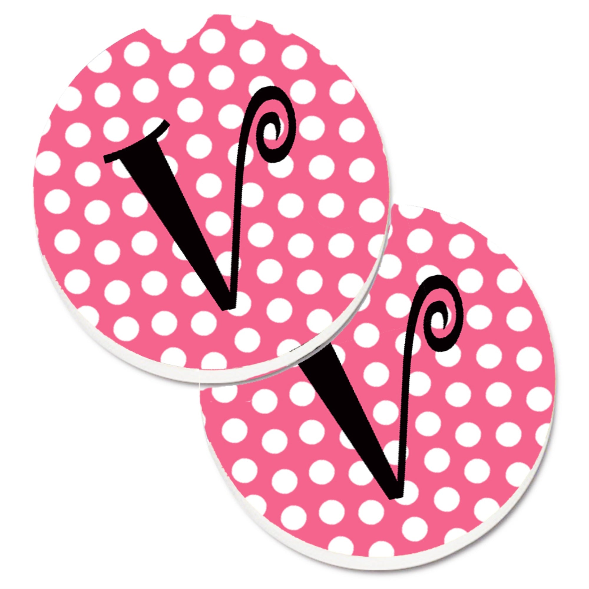'Caroline'S Treasures Letter V Monogram - Pink Black Polka Dots Set Of 2 Cup Holder Car Coasters Cj1001-Vcarc, 2.56, Multicolor