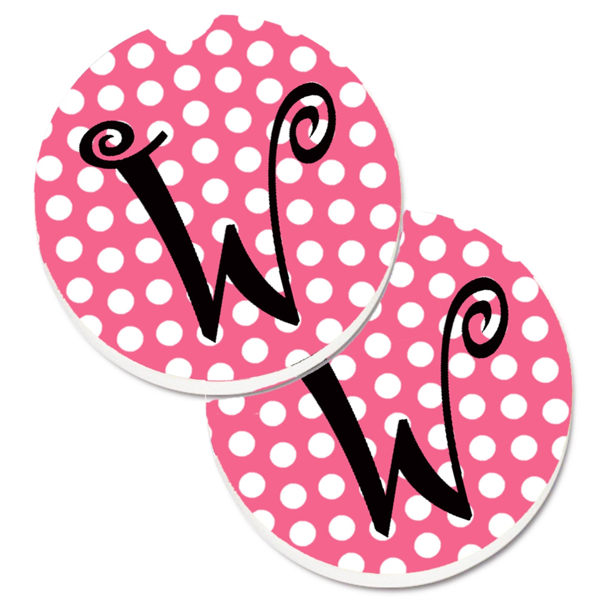 'Caroline'S Treasures Letter W Monogram - Pink Black Polka Dots Set Of 2 Cup Holder Car Coasters Cj1001-Wcarc, 2.56, Multicolor