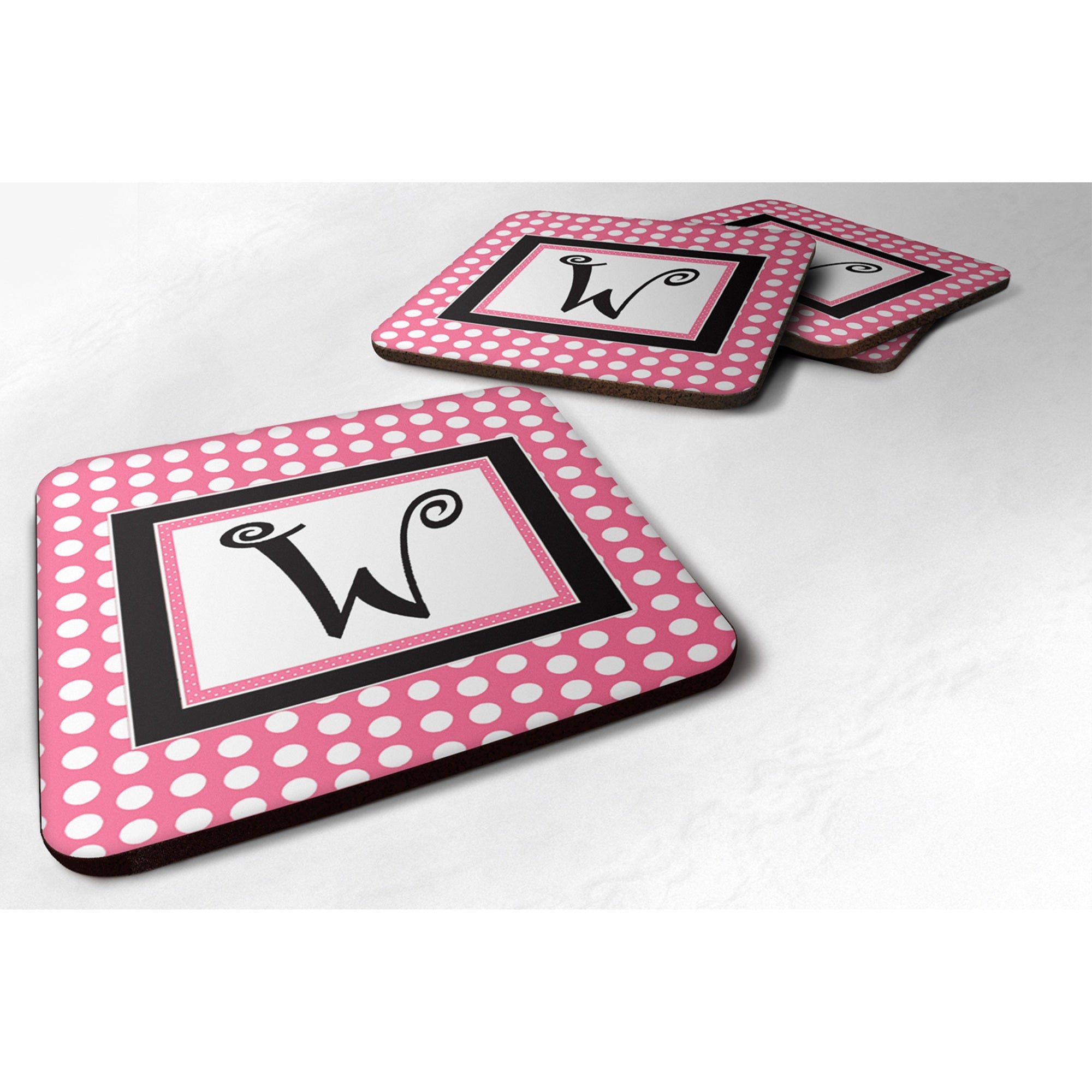 'Caroline'S Treasures Cj1001-Wfc Monogram-Pink Black Polka Dots Foam Coasters (Set Of 4), Initial Letter W, 3.5'''' H X 3.5''''