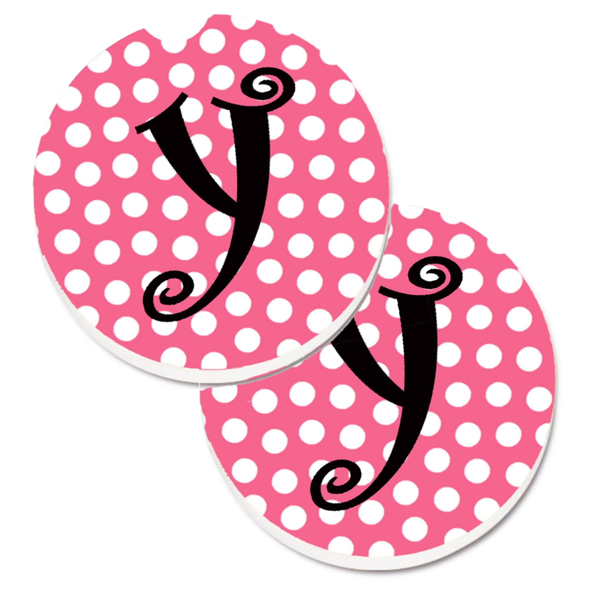 'Caroline'S Treasures Letter Y Monogram - Pink Black Polka Dots Set Of 2 Cup Holder Car Coasters Cj1001-Ycarc, 2.56, Multicolor