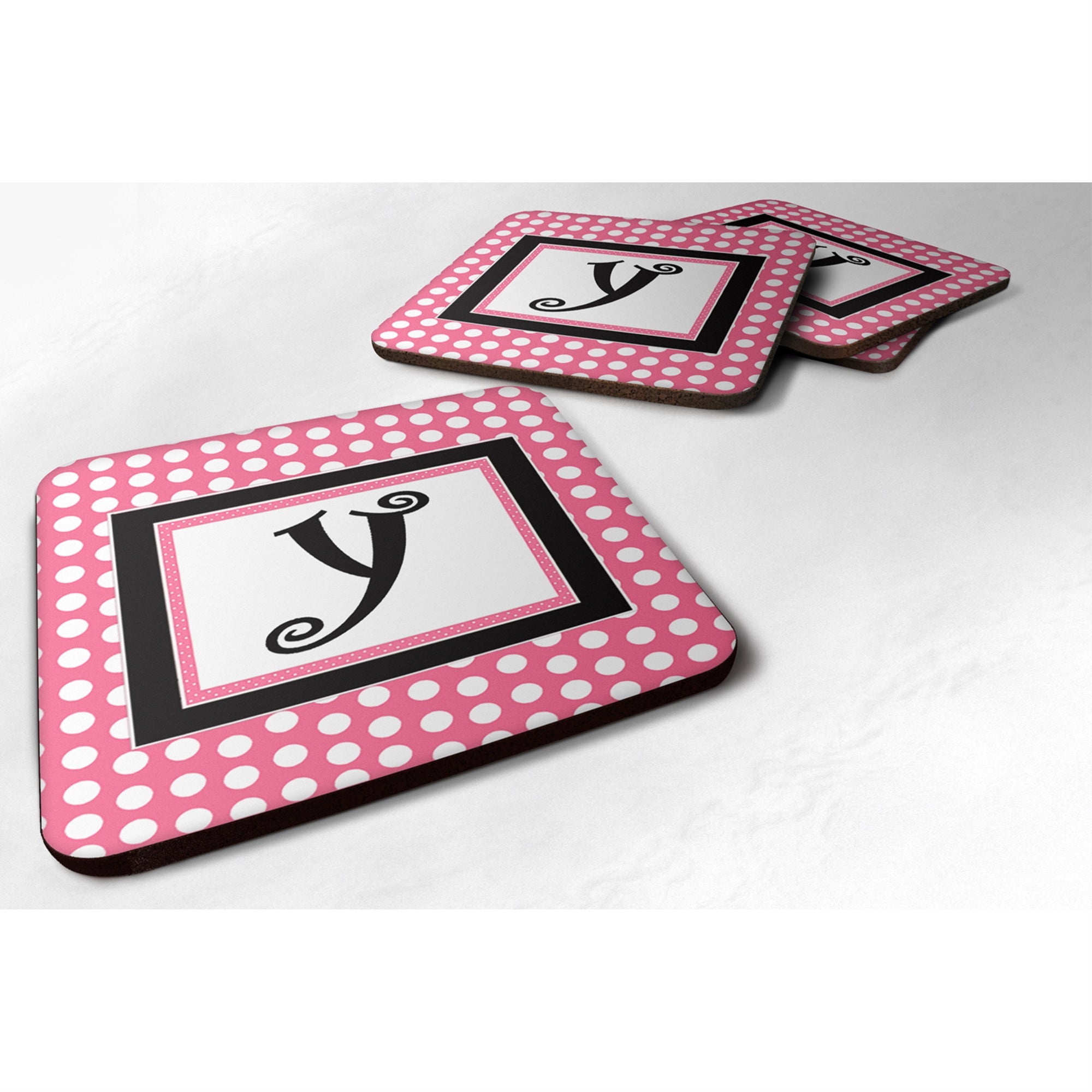 'Caroline'S Treasures Cj1001-Yfc Monogram-Pink Black Polka Dots Foam Coasters (Set Of 4), Initial Letter Y, 3.5'''' H X 3.5''''