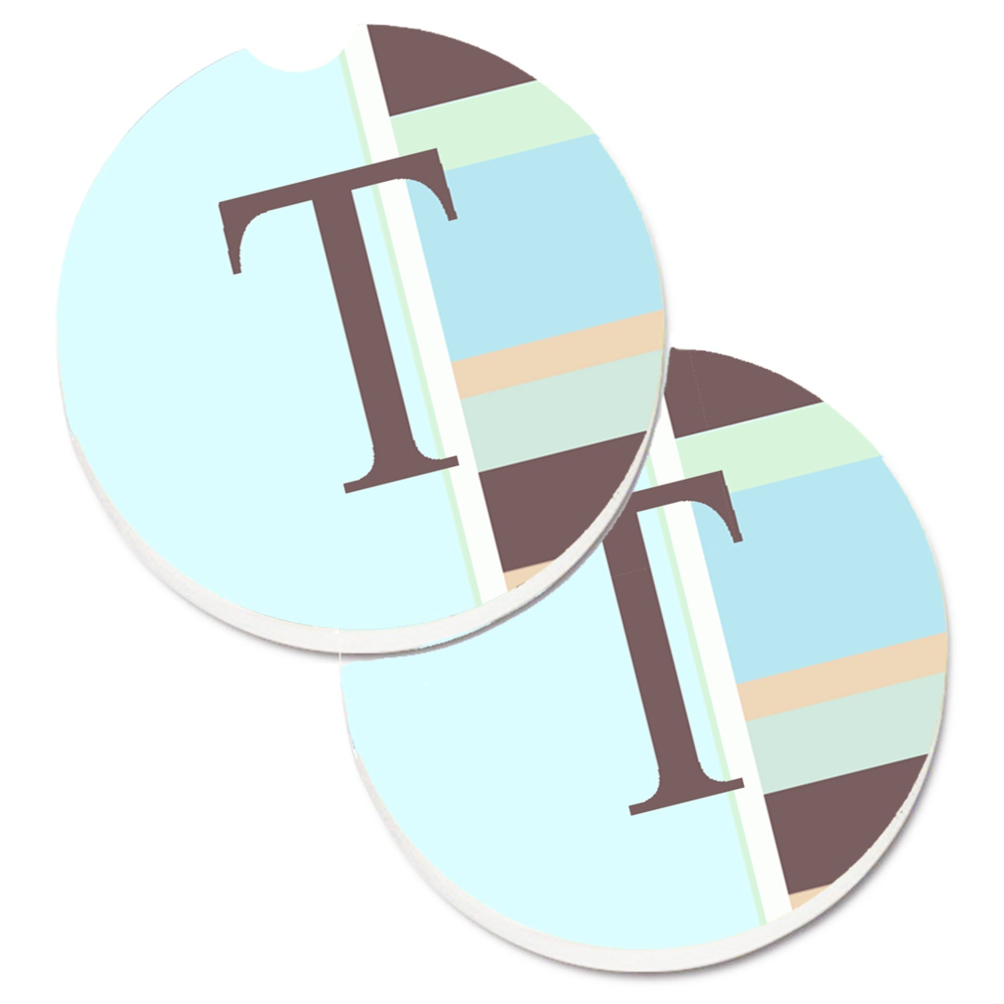 'Caroline'S Treasures Letter T Initial Monogram - Blue Stripes Set Of 2 Cup Holder Car Coasters Cj1003-Tcarc, 2.56, Multicolor'