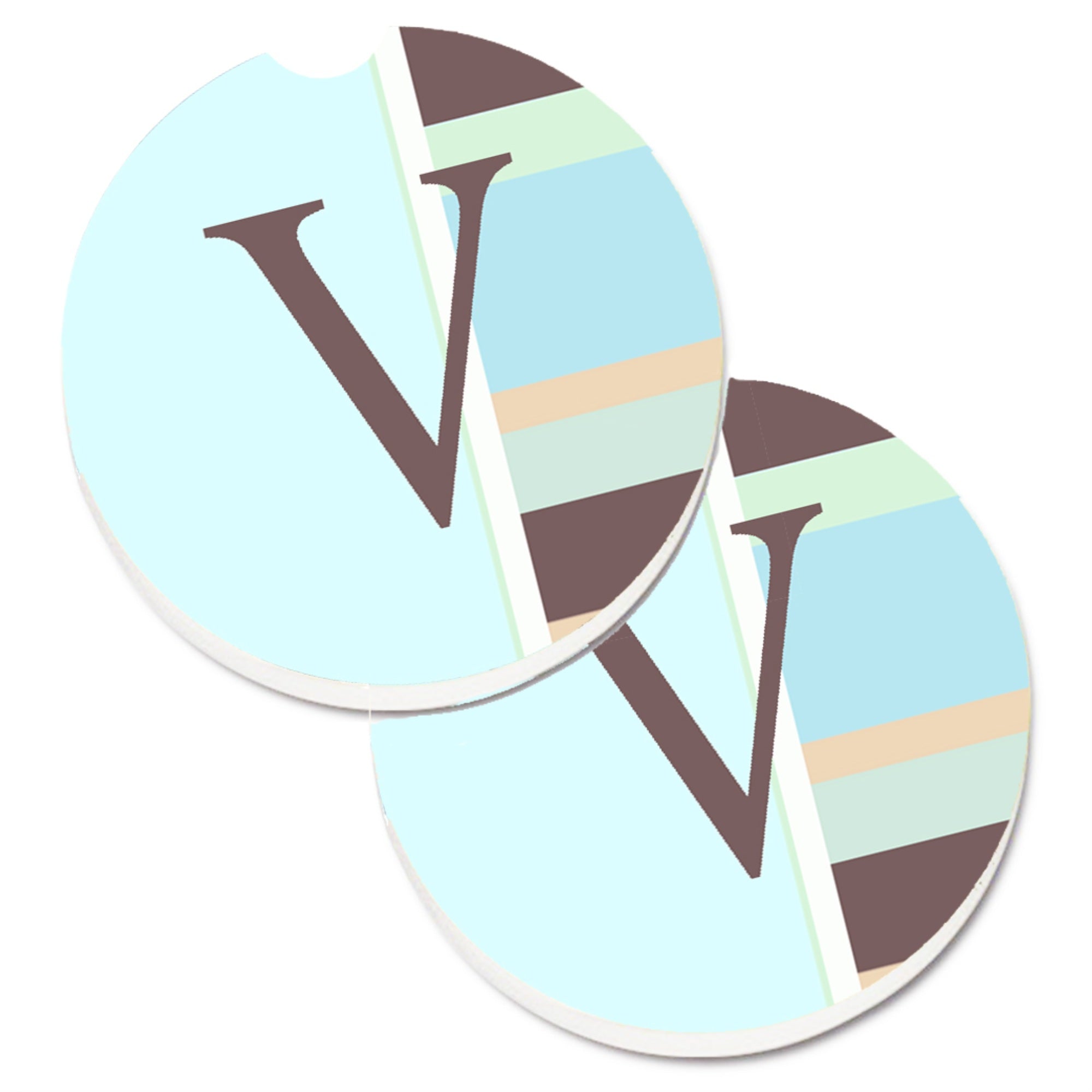 'Caroline'S Treasures Letter V Initial Monogram - Blue Stripes Set Of 2 Cup Holder Car Coasters Cj1003-Vcarc, 2.56, Multicolor'