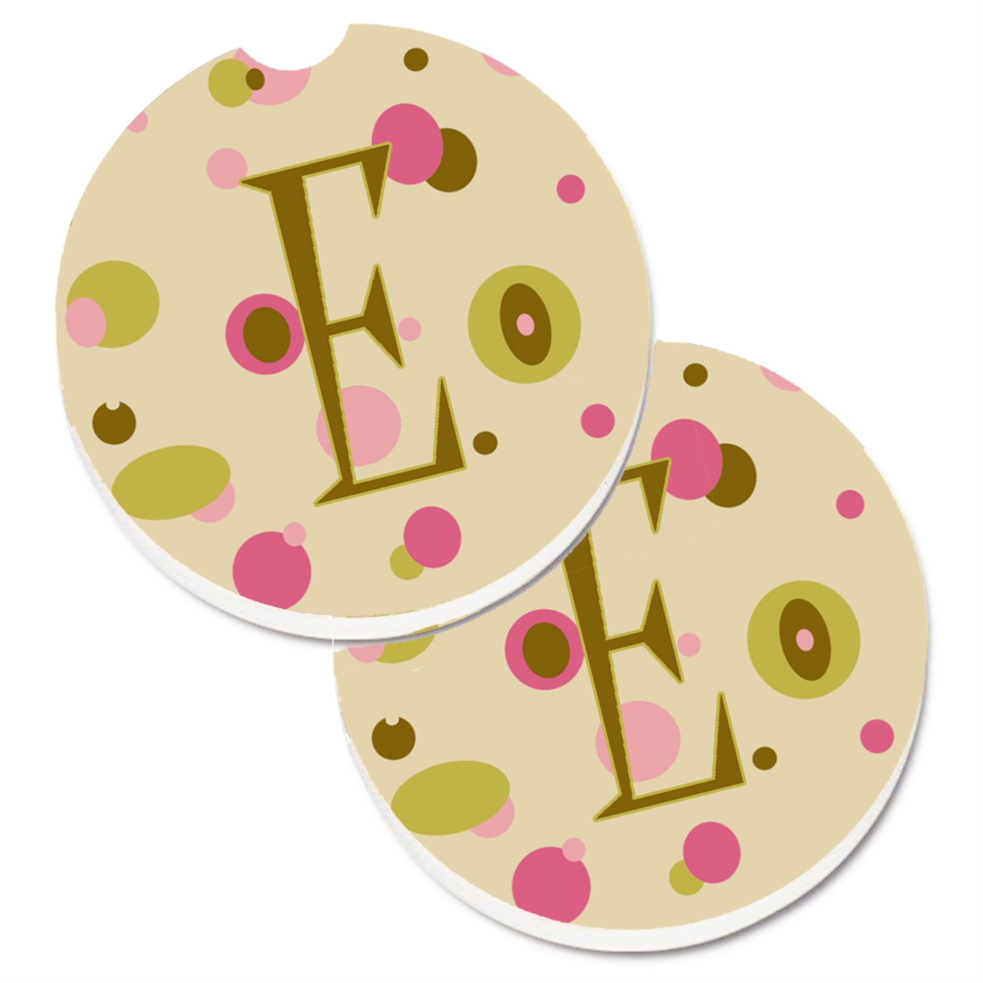 'Caroline'S Treasures Letter E Initial Monogram - Tan Dots Set Of 2 Cup Holder Car Coasters Cj1004-Ecarc, 2.56, Multicolor''