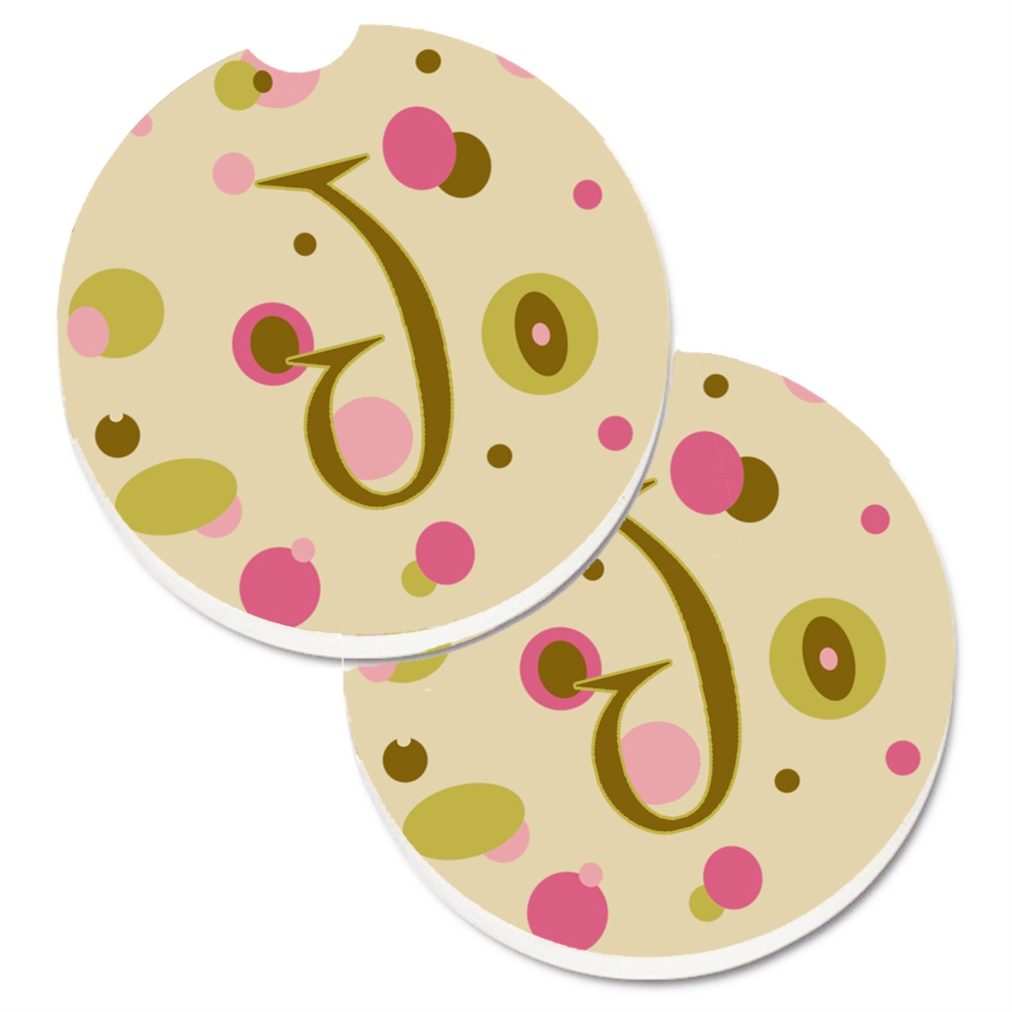 'Caroline'S Treasures Letter J Initial Monogram - Tan Dots Set Of 2 Cup Holder Car Coasters Cj1004-Jcarc, 2.56, Multicolor''