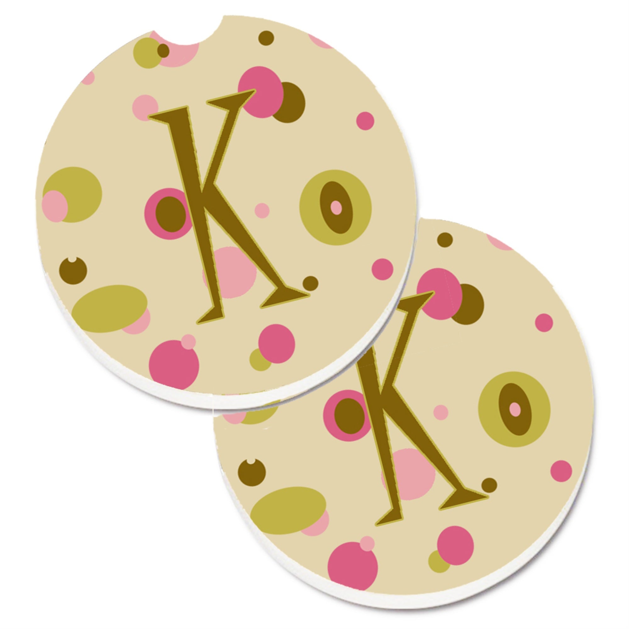 'Caroline'S Treasures Letter K Initial Monogram - Tan Dots Set Of 2 Cup Holder Car Coasters Cj1004-Kcarc, 2.56, Multicolor''