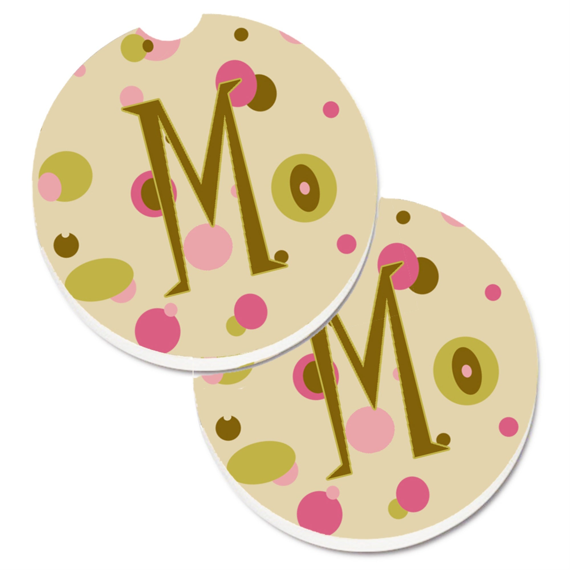 'Caroline'S Treasures Letter M Initial Monogram - Tan Dots Set Of 2 Cup Holder Car Coasters Cj1004-Mcarc, 2.56, Multicolor''