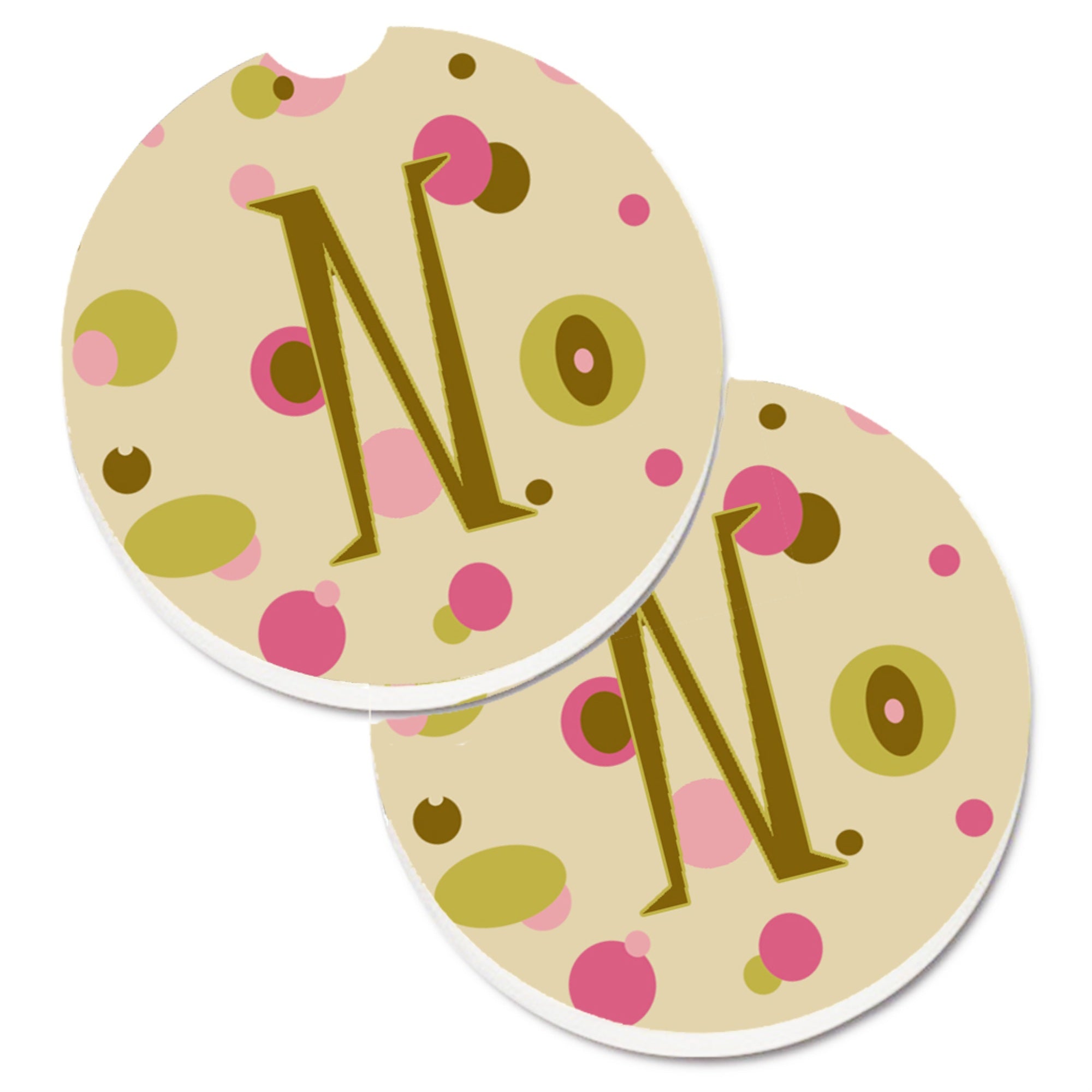 'Caroline'S Treasures Letter N Initial Monogram - Tan Dots Set Of 2 Cup Holder Car Coasters Cj1004-Ncarc, 2.56, Multicolor''