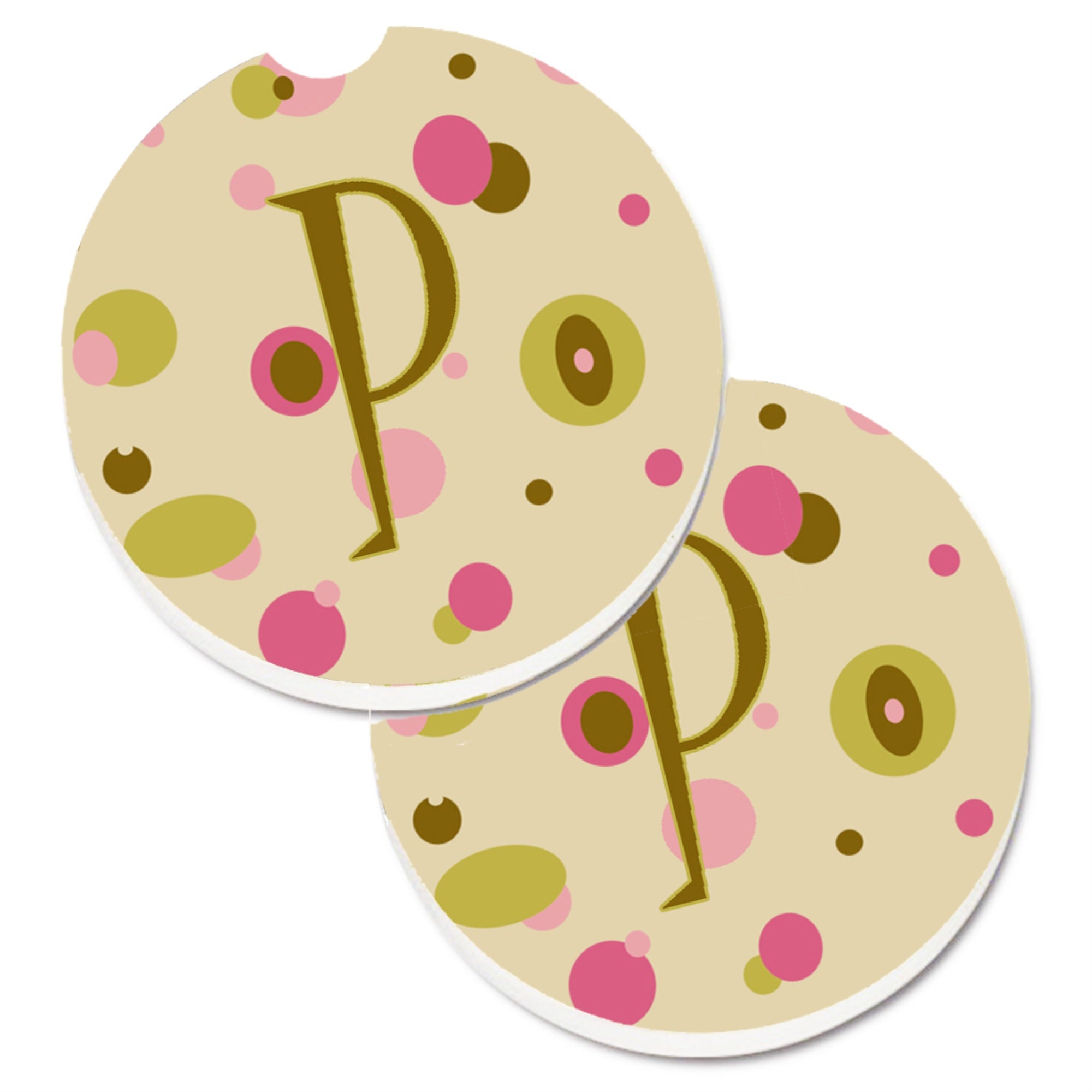 'Caroline'S Treasures Letter P Initial Monogram - Tan Dots Set Of 2 Cup Holder Car Coasters Cj1004-Pcarc, 2.56, Multicolor''