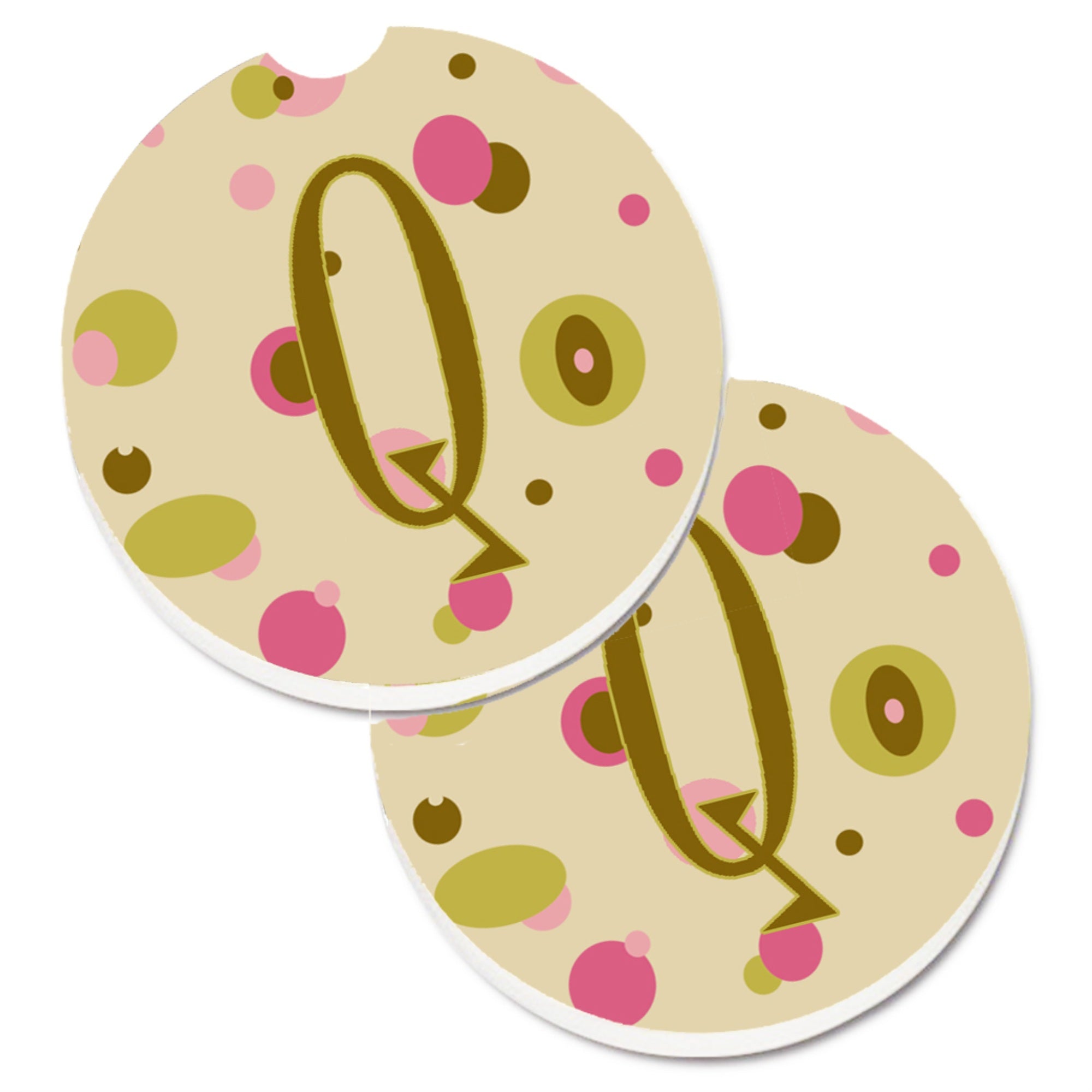 'Caroline'S Treasures Letter Q Initial Monogram - Tan Dots Set Of 2 Cup Holder Car Coasters Cj1004-Qcarc, 2.56, Multicolor''