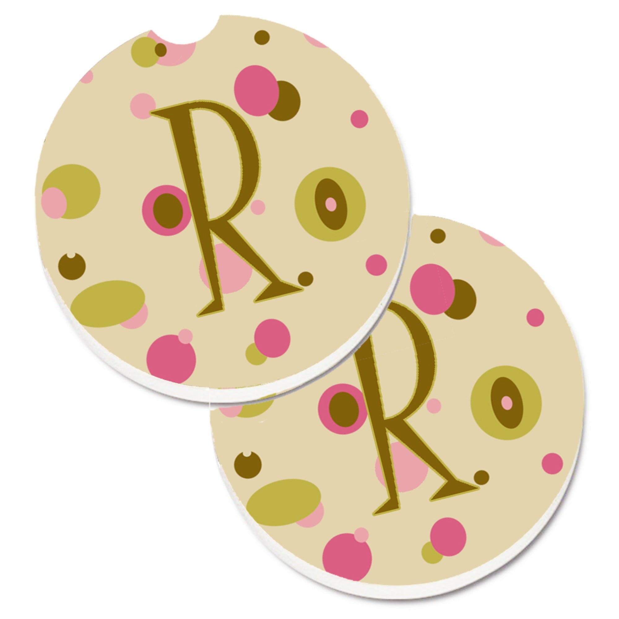 'Caroline'S Treasures Letter R Initial Monogram - Tan Dots Set Of 2 Cup Holder Car Coasters Cj1004-Rcarc, 2.56, Multicolor''