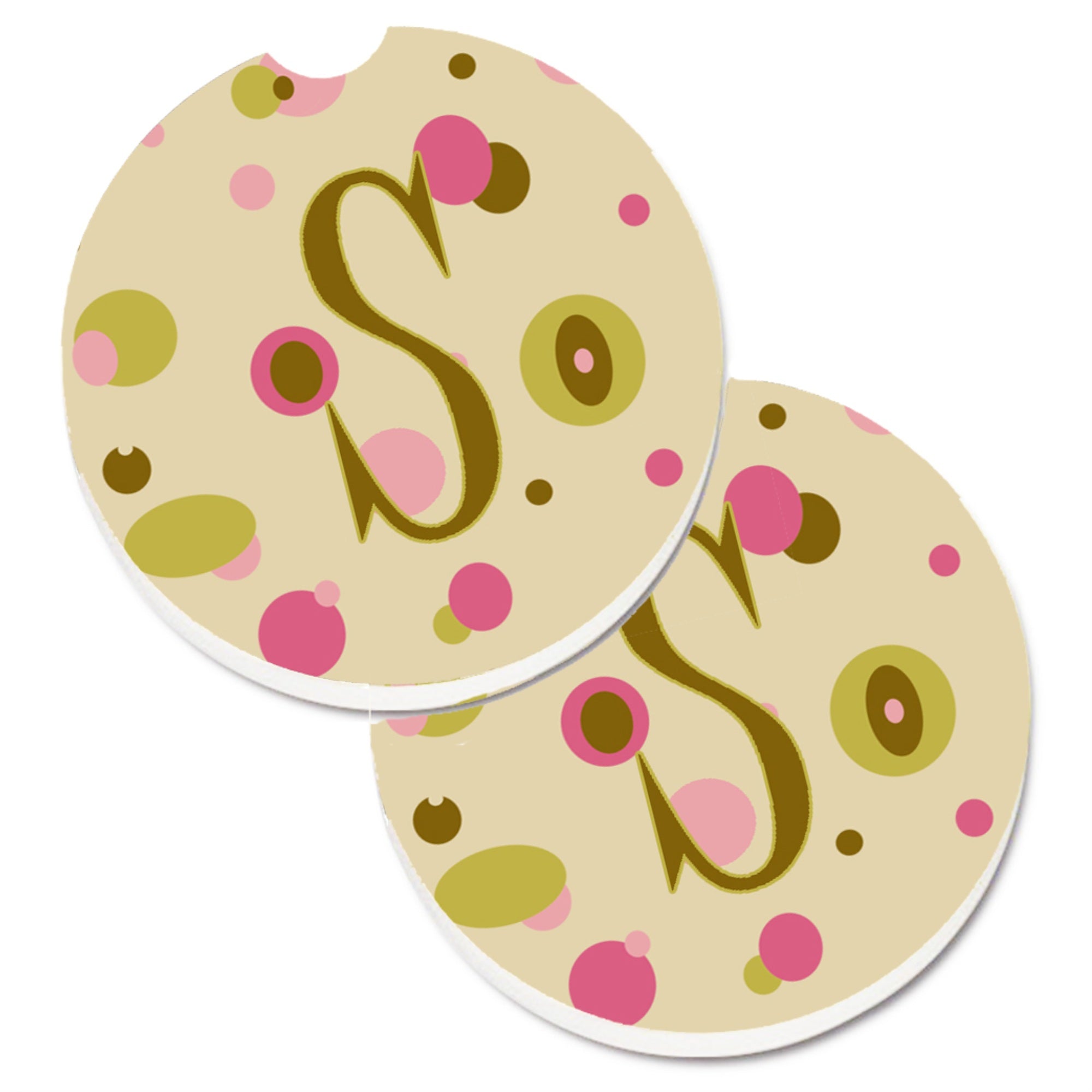 'Caroline'S Treasures Letter S Initial Monogram - Tan Dots Set Of 2 Cup Holder Car Coasters Cj1004-Scarc, 2.56, Multicolor''