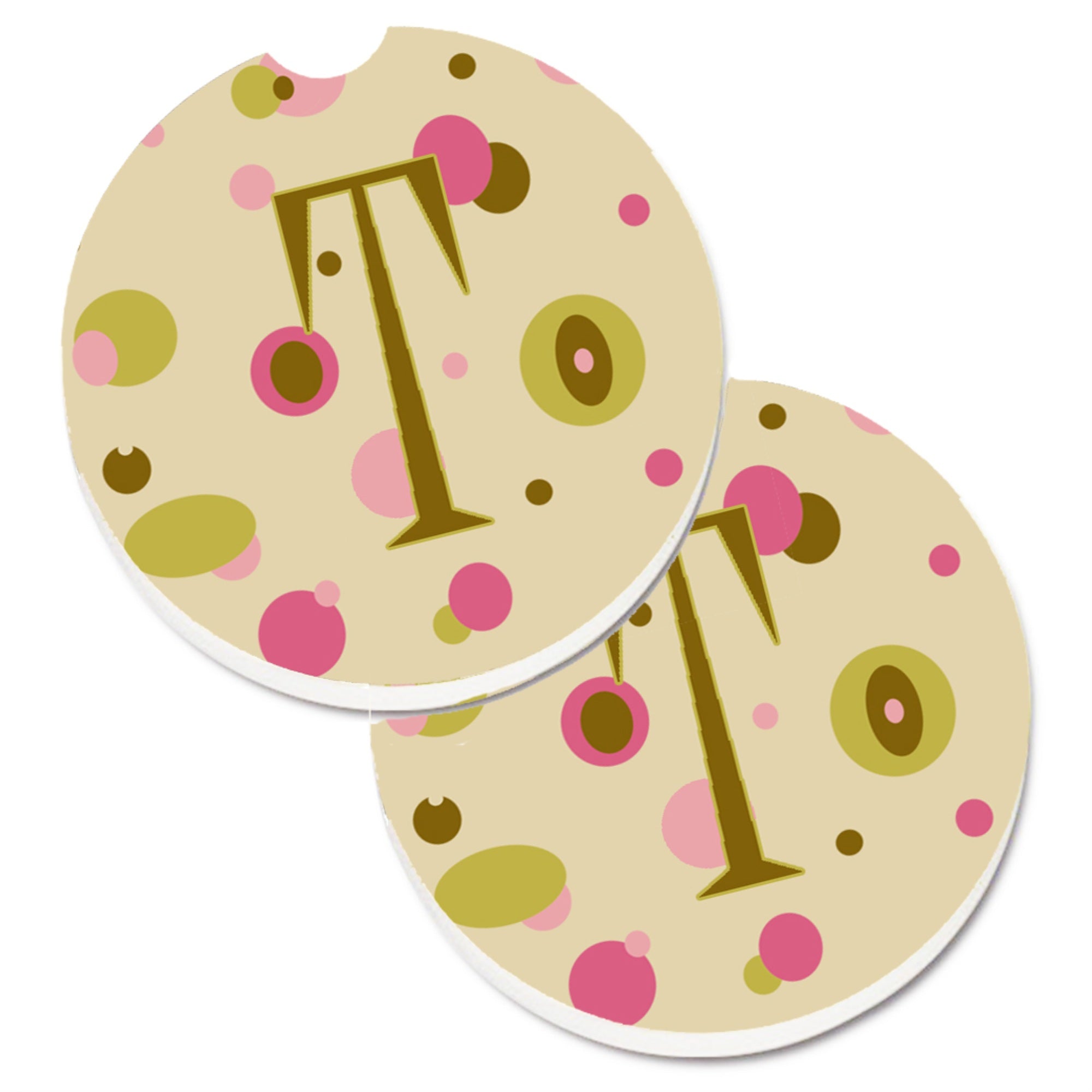 'Caroline'S Treasures Letter T Initial Monogram - Tan Dots Set Of 2 Cup Holder Car Coasters Cj1004-Tcarc, 2.56, Multicolor''