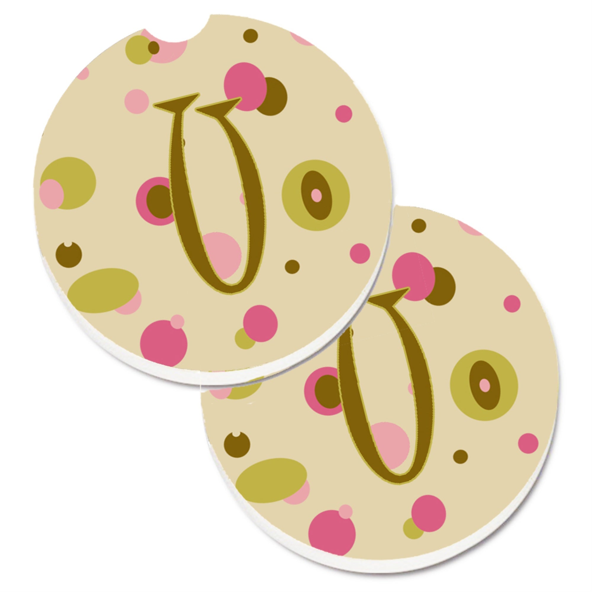 'Caroline'S Treasures Letter U Initial Monogram - Tan Dots Set Of 2 Cup Holder Car Coasters Cj1004-Ucarc, 2.56, Multicolor''