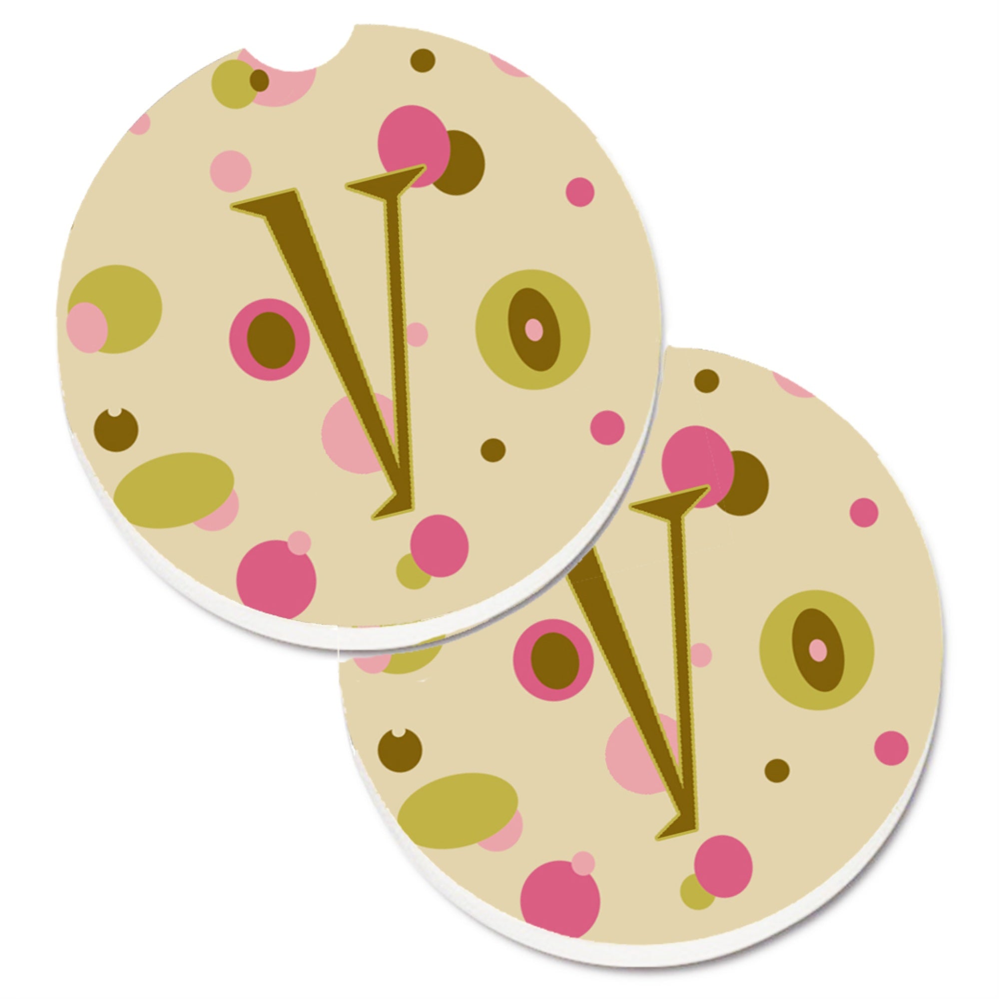 'Caroline'S Treasures Letter V Initial Monogram - Tan Dots Set Of 2 Cup Holder Car Coasters Cj1004-Vcarc, 2.56, Multicolor''