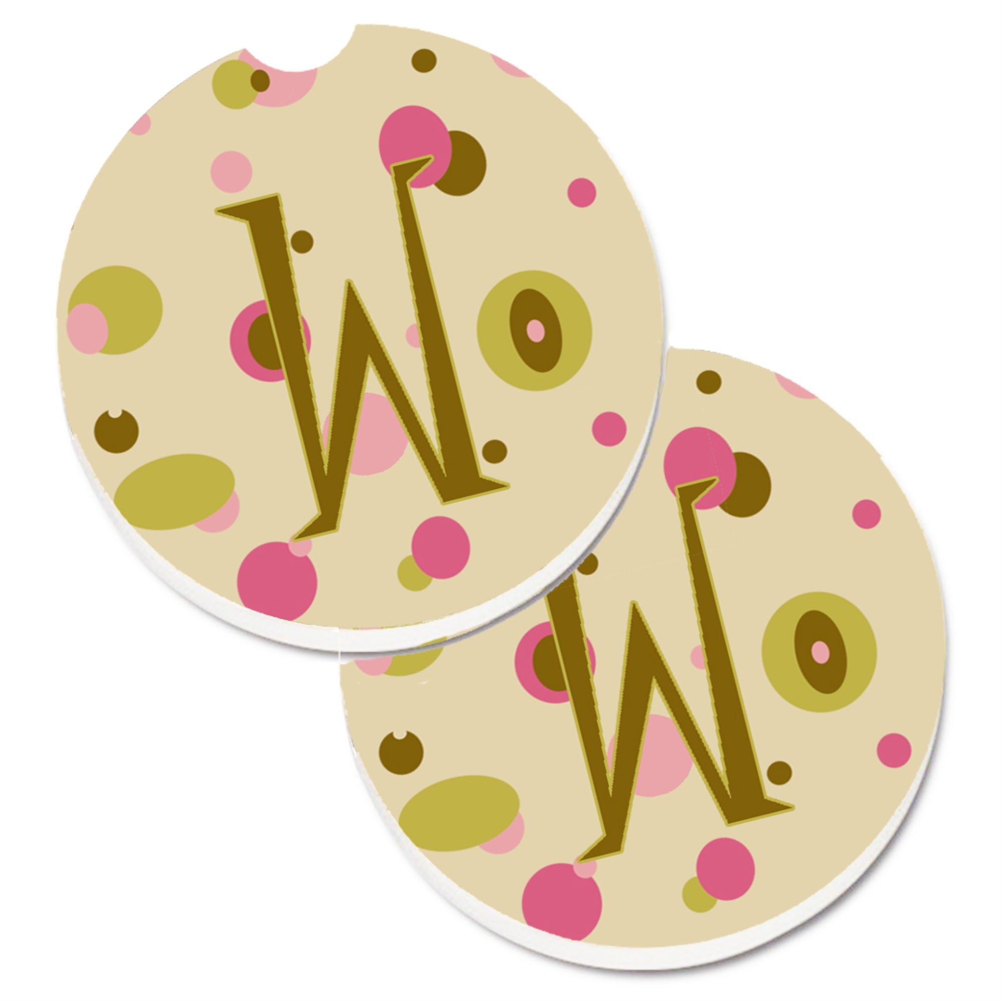 'Caroline'S Treasures Letter W Initial Monogram - Tan Dots Set Of 2 Cup Holder Car Coasters Cj1004-Wcarc, 2.56, Multicolor''