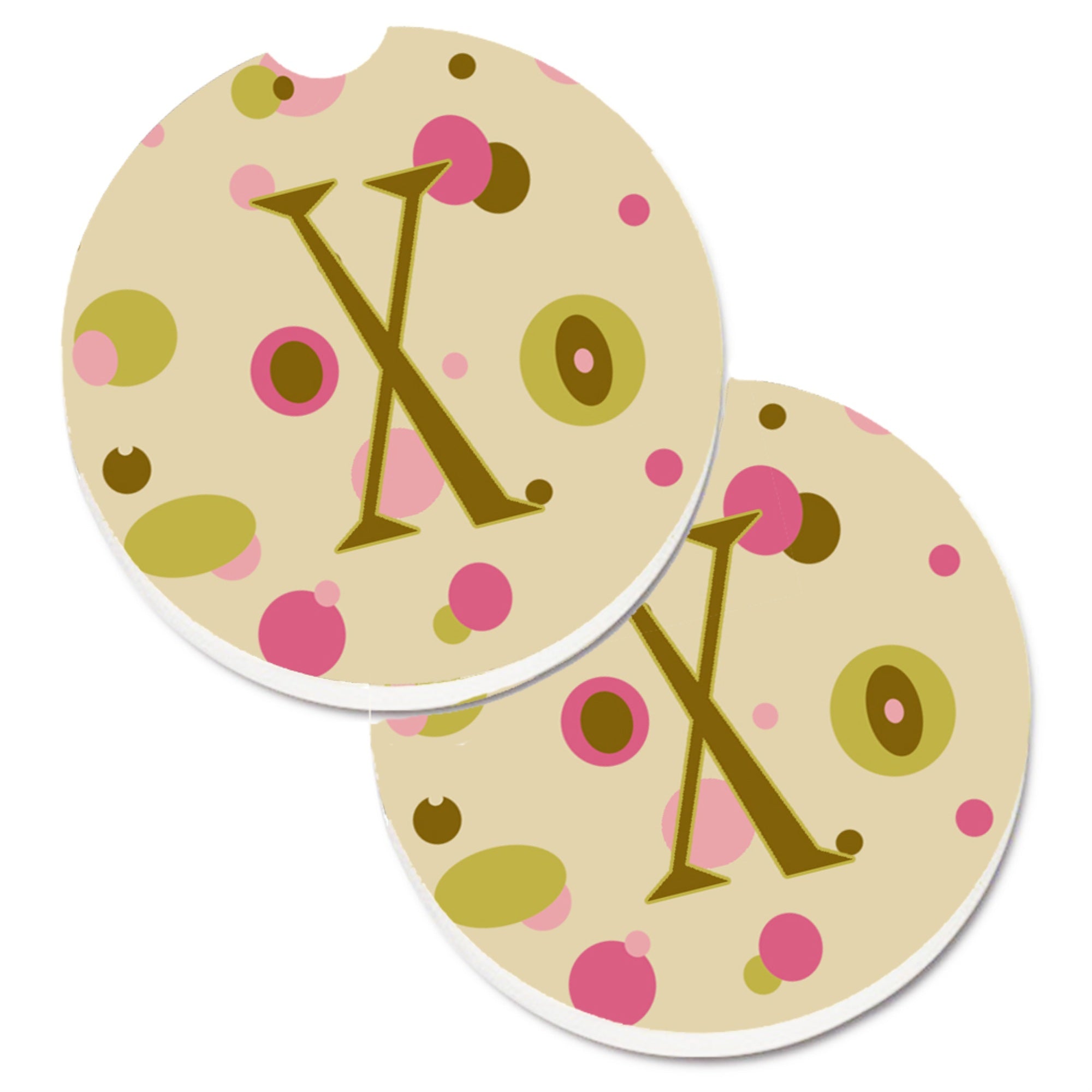 'Caroline'S Treasures Letter X Initial Monogram - Tan Dots Set Of 2 Cup Holder Car Coasters Cj1004-Xcarc, 2.56, Multicolor''