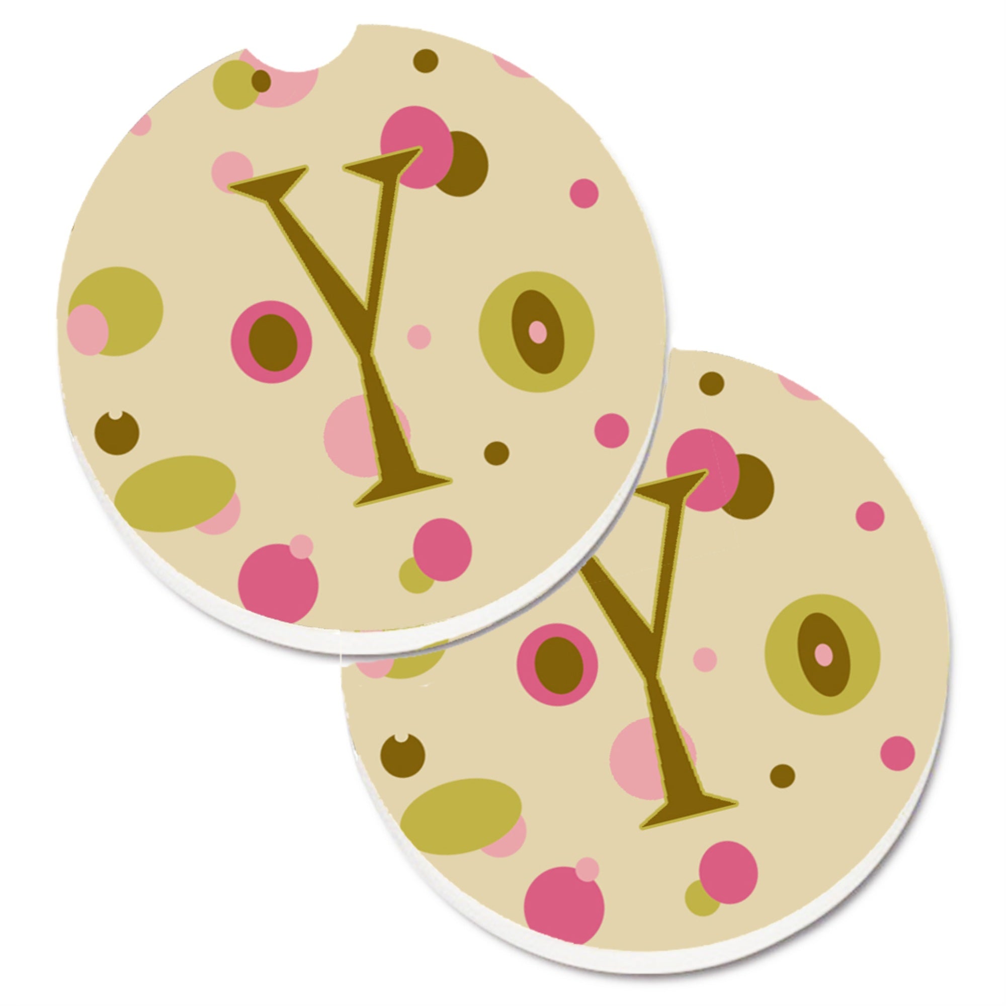 'Caroline'S Treasures Letter Y Initial Monogram - Tan Dots Set Of 2 Cup Holder Car Coasters Cj1004-Ycarc, 2.56, Multicolor''