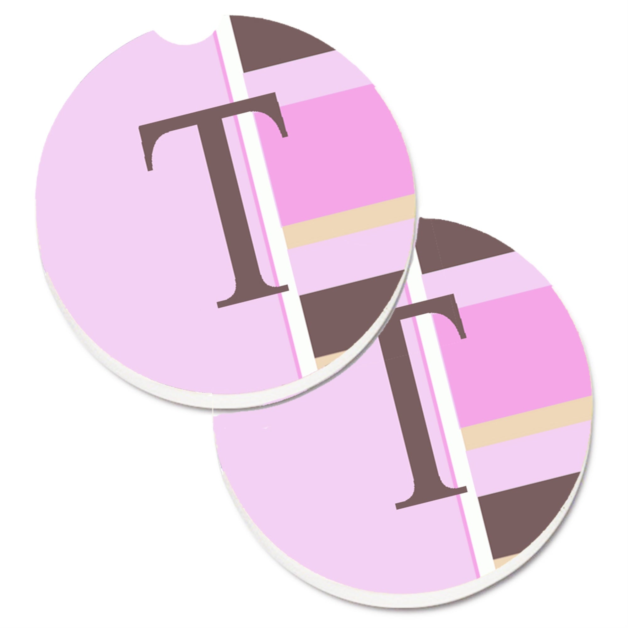 'Caroline'S Treasures Letter T Initial Monogram - Pink Stripes Set Of 2 Cup Holder Car Coasters Cj1005-Tcarc, 2.56, Multicolor'