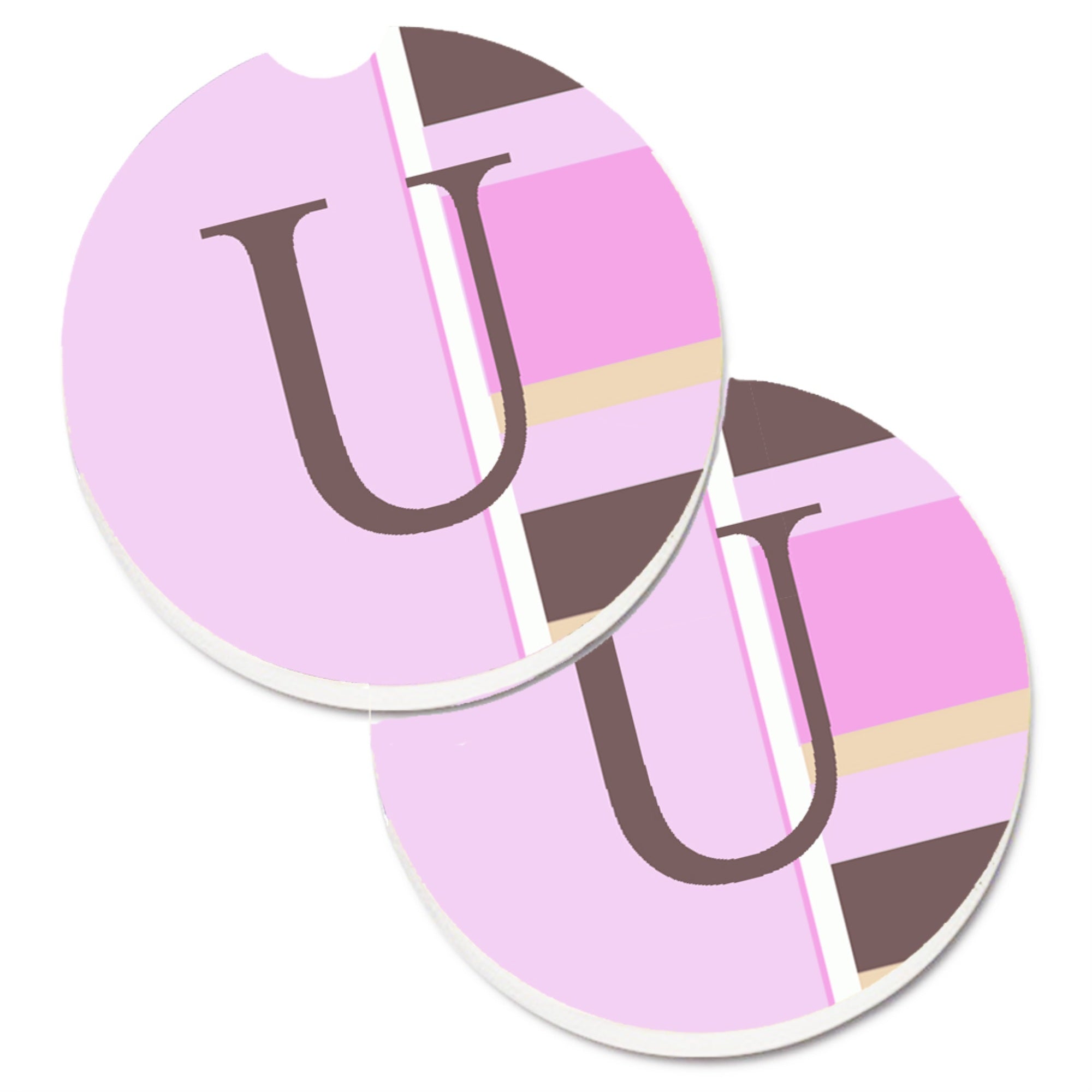 'Caroline'S Treasures Letter U Initial Monogram - Pink Stripes Set Of 2 Cup Holder Car Coasters Cj1005-Ucarc, 2.56, Multicolor'