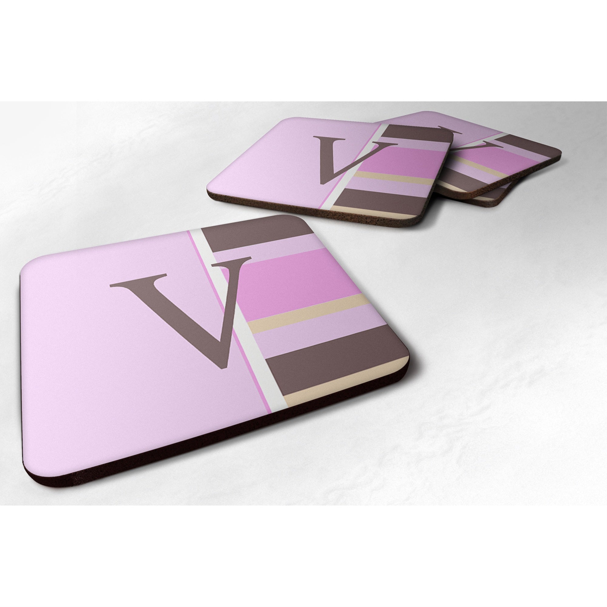 'Caroline'S Treasures Cj1005-Vfc Monogram-Pink Stripes Foam Coasters (Set Of 4), Initial Letter V, 3.5'''' H X 3.5'''' W, Multi