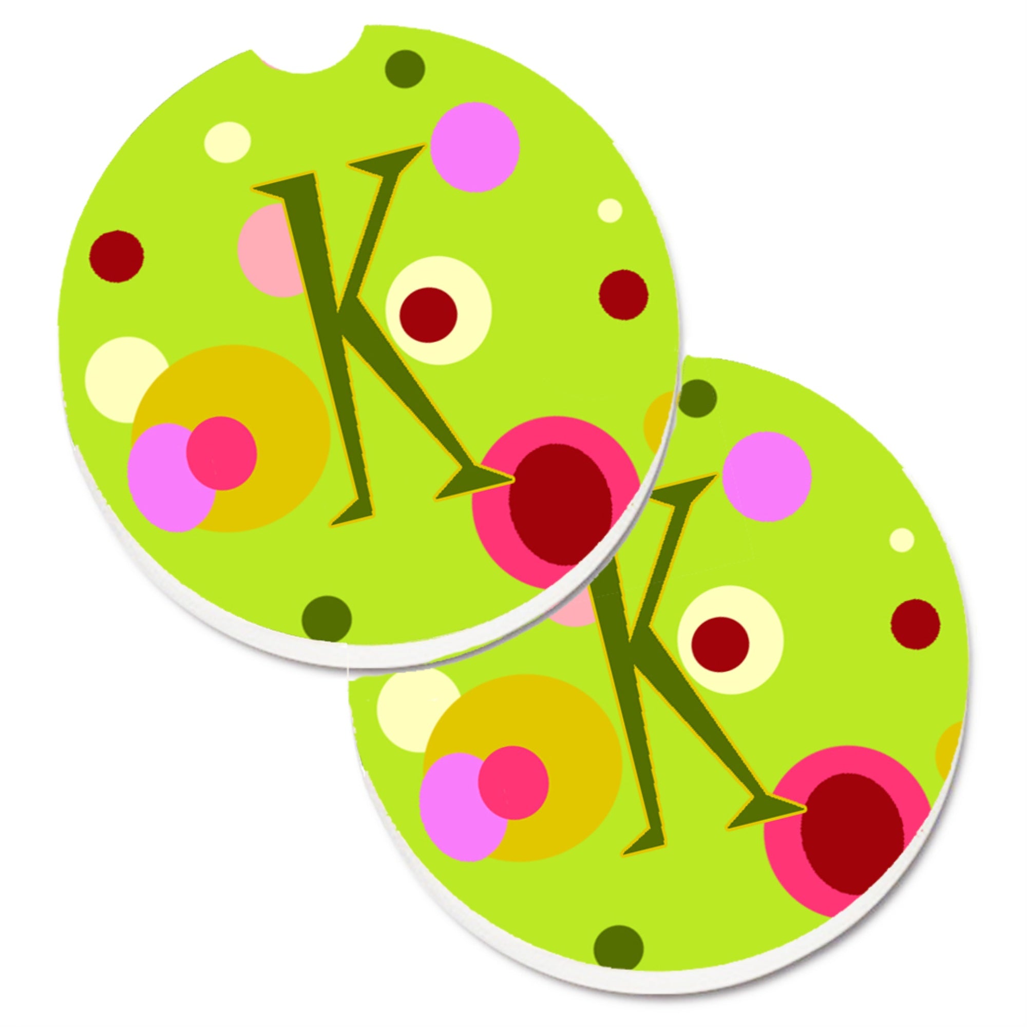 'Caroline'S Treasures Letter K Monogram - Lime Green Set Of 2 Cup Holder Car Coasters Cj1010-Kcarc, 2.56, Multicolor''