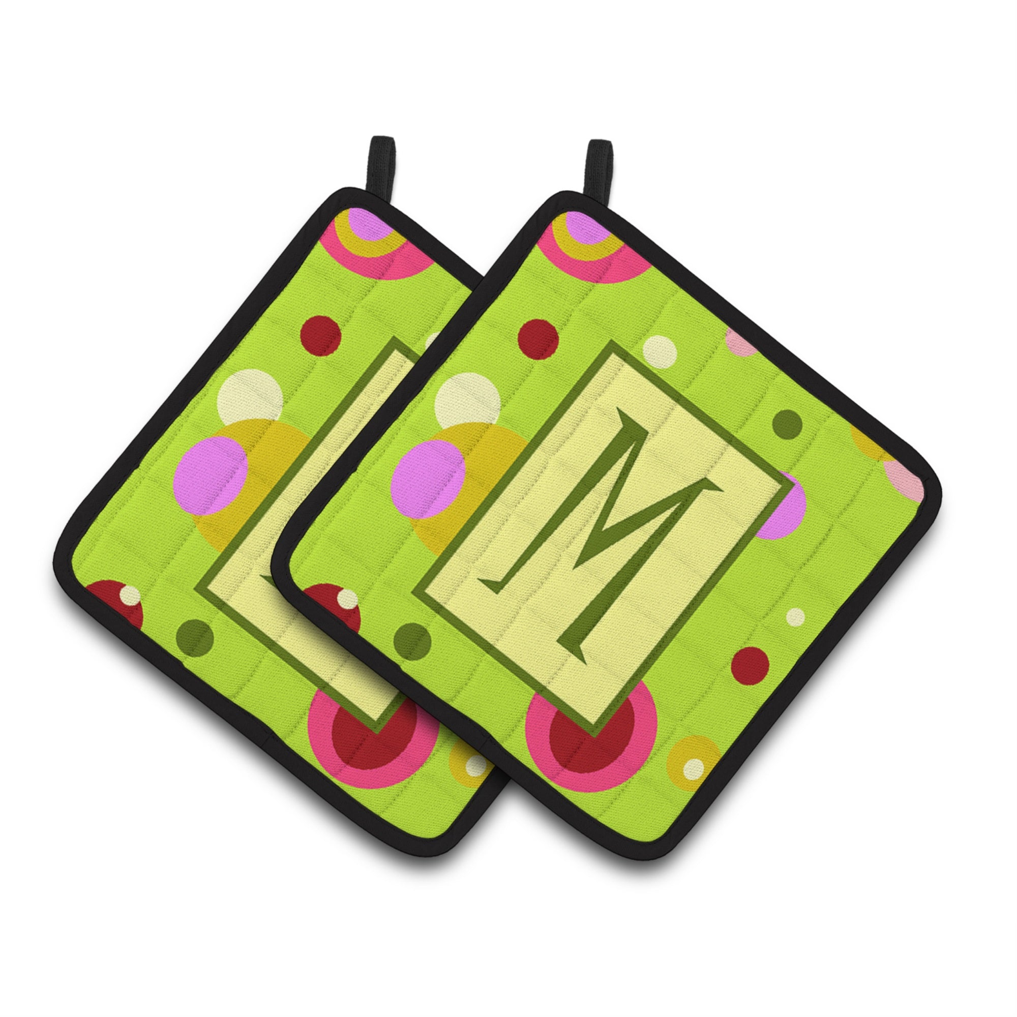 'Caroline'S Treasures Letter M Monogram - Lime Green Pair Of Pot Holders Cj1010-Mpthd, 7.5Hx7.5W, Multicolor''