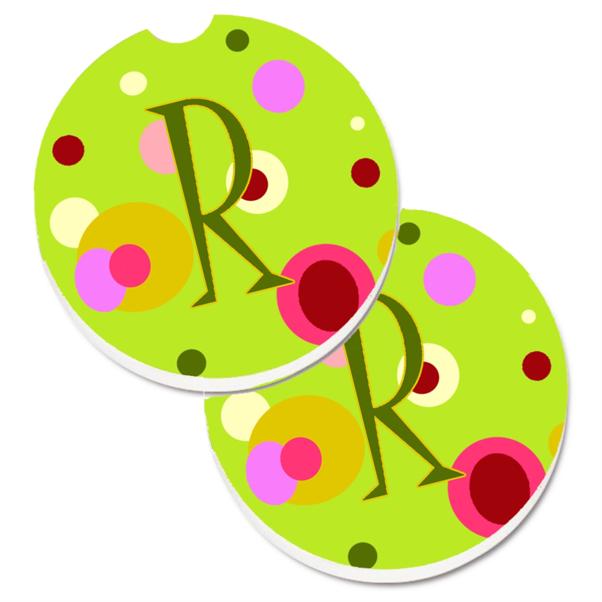 'Caroline'S Treasures Letter R Monogram - Lime Green Set Of 2 Cup Holder Car Coasters Cj1010-Rcarc, 2.56, Multicolor''