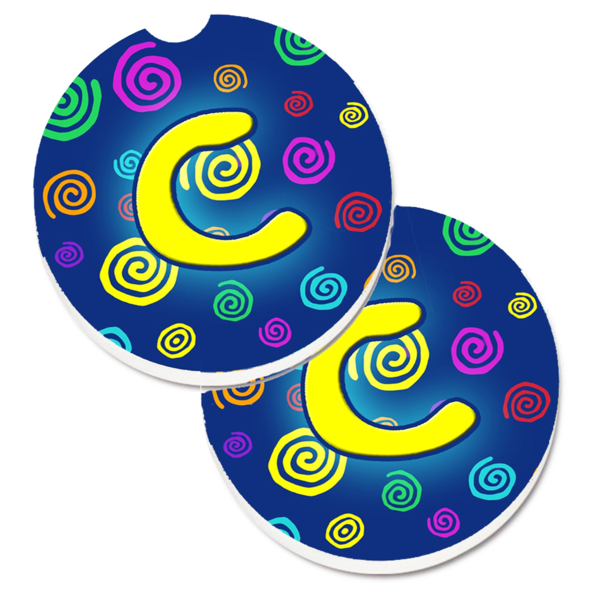 'Caroline'S Treasures Letter C Initial Monogram - Blue Swirls Set Of 2 Cup Holder Car Coasters Cj1011-Ccarc, 2.56, Multicolor''