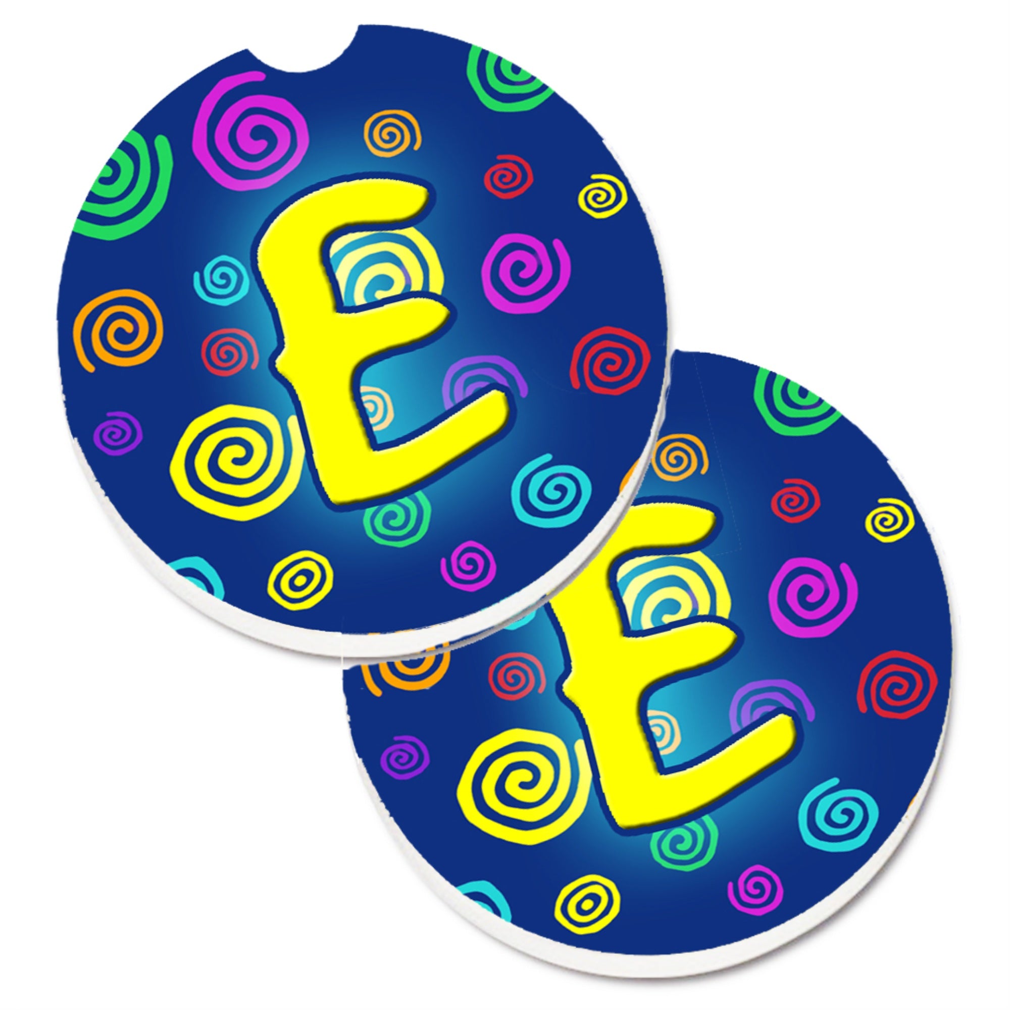 'Caroline'S Treasures Letter E Initial Monogram - Blue Swirls Set Of 2 Cup Holder Car Coasters Cj1011-Ecarc, 2.56, Multicolor''