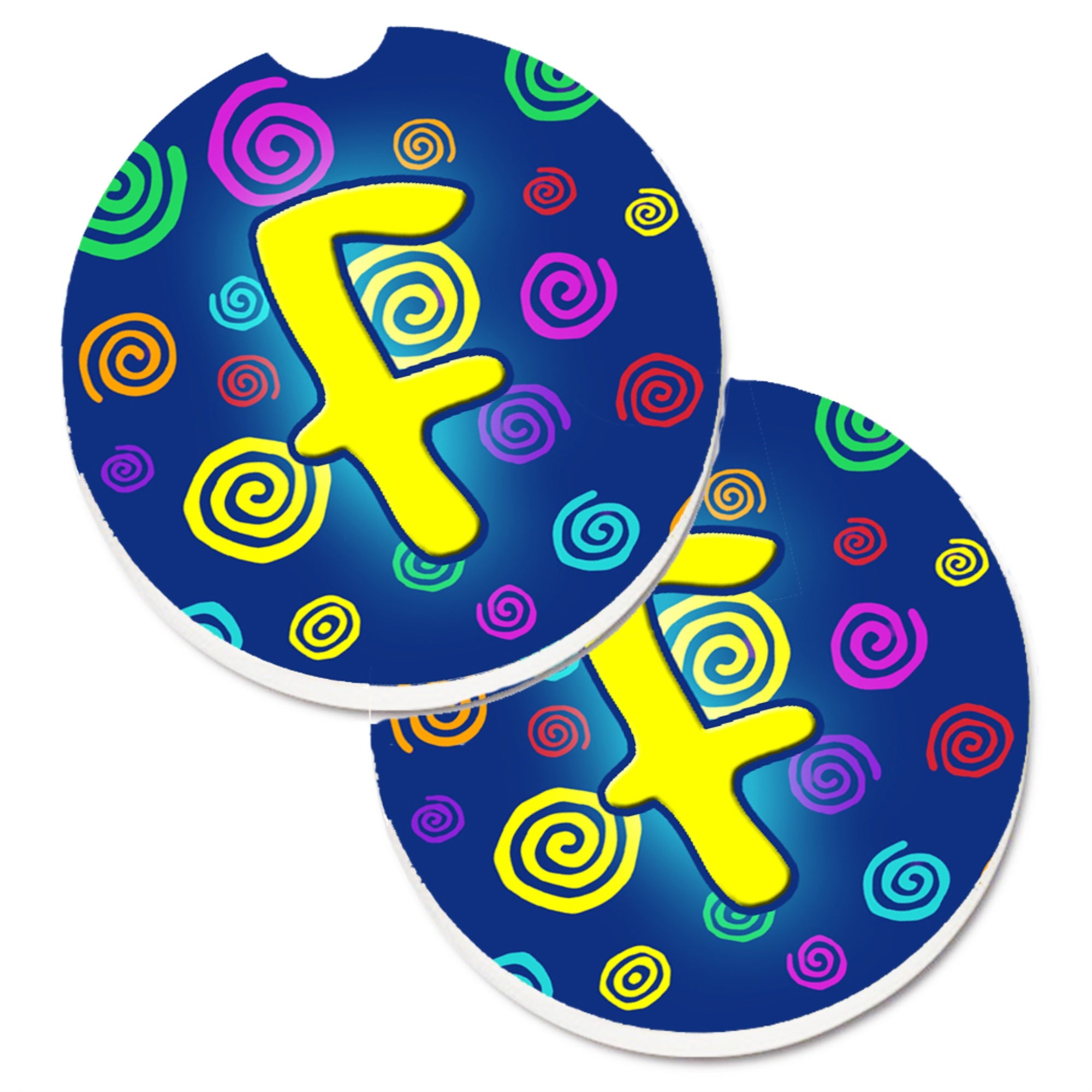 'Caroline'S Treasures Letter F Initial Monogram - Blue Swirls Set Of 2 Cup Holder Car Coasters Cj1011-Fcarc, 2.56, Multicolor''