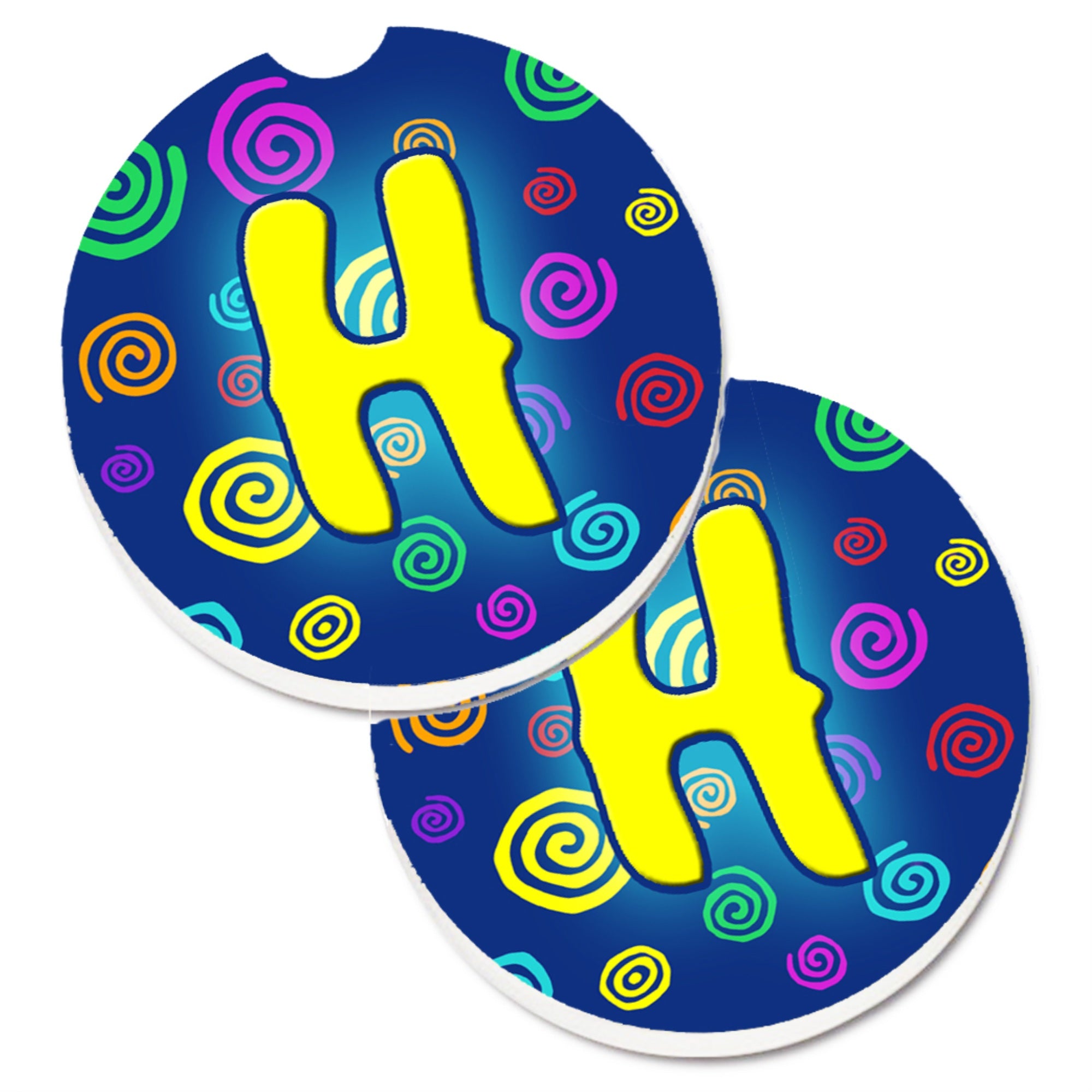 'Caroline'S Treasures Letter H Initial Monogram - Blue Swirls Set Of 2 Cup Holder Car Coasters Cj1011-Hcarc, 2.56, Multicolor''