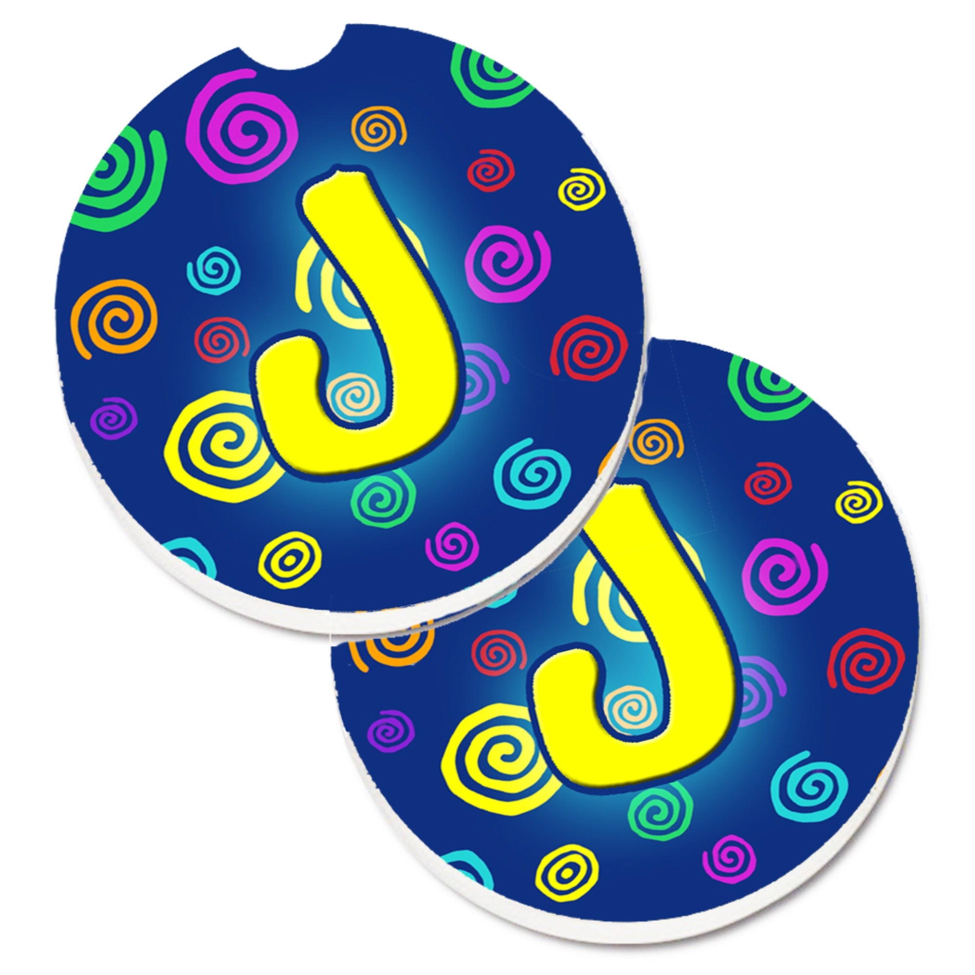 'Caroline'S Treasures Letter J Initial Monogram - Blue Swirls Set Of 2 Cup Holder Car Coasters Cj1011-Jcarc, 2.56, Multicolor''