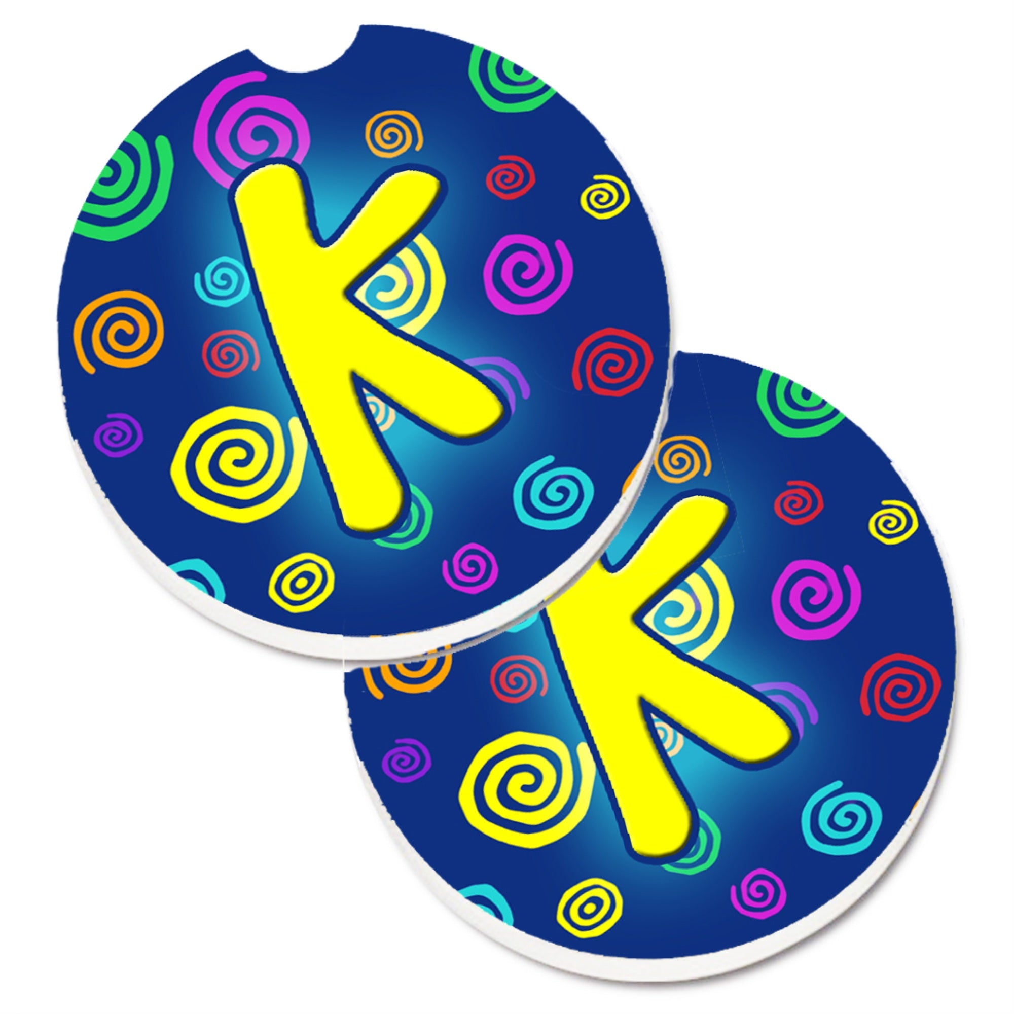 'Caroline'S Treasures Letter K Initial Monogram - Blue Swirls Set Of 2 Cup Holder Car Coasters Cj1011-Kcarc, 2.56, Multicolor''