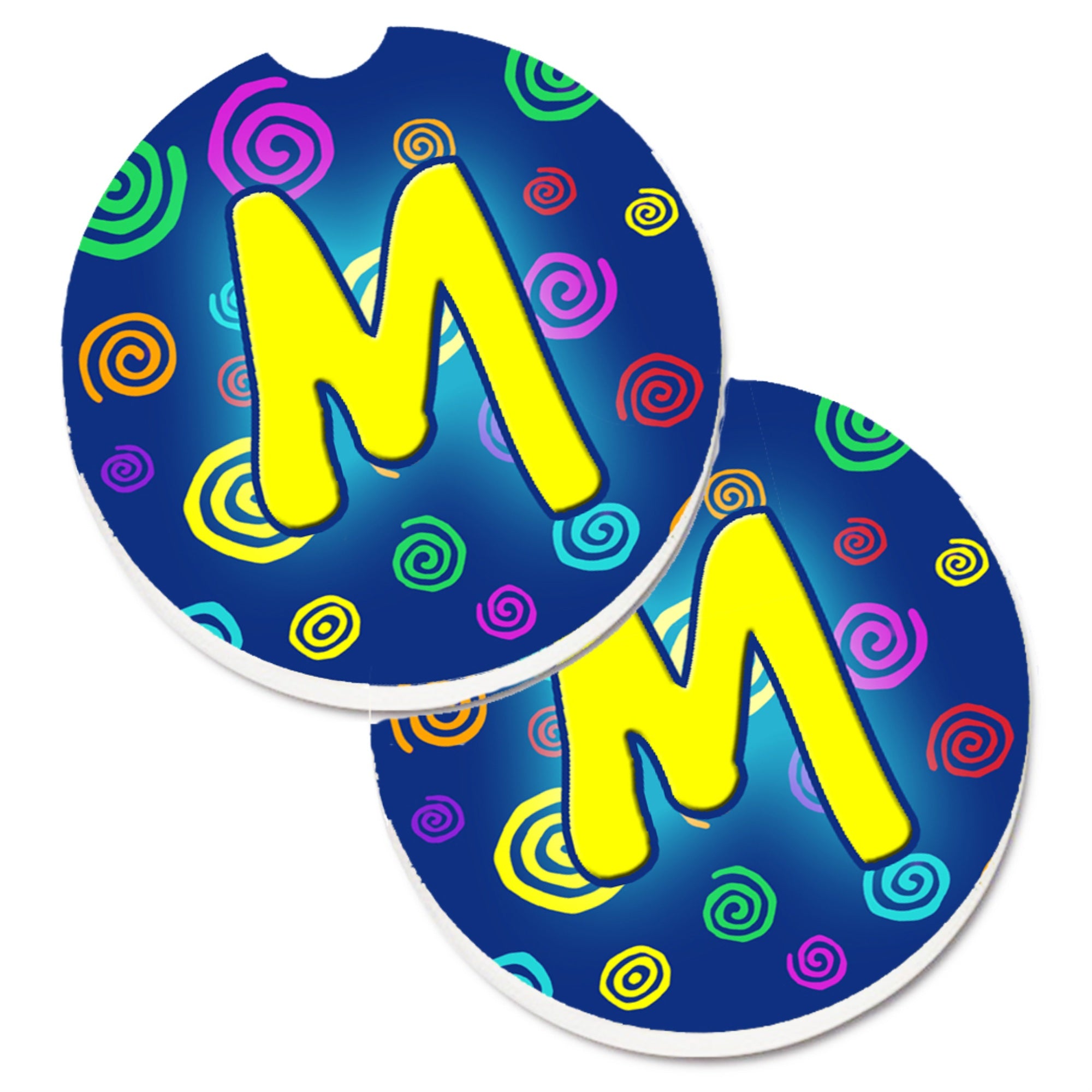 'Caroline'S Treasures Letter M Initial Monogram - Blue Swirls Set Of 2 Cup Holder Car Coasters Cj1011-Mcarc, 2.56, Multicolor''