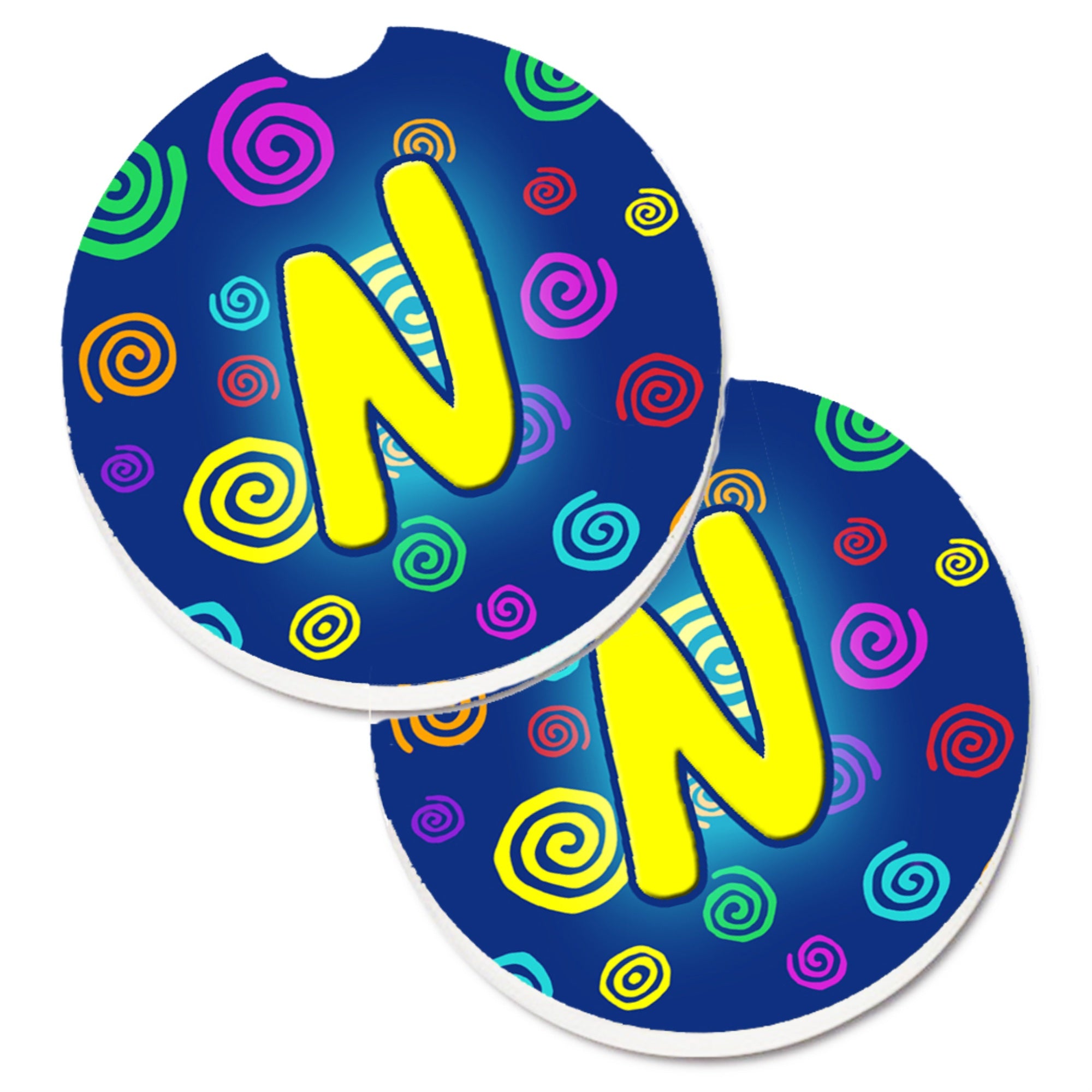 'Caroline'S Treasures Letter N Initial Monogram - Blue Swirls Set Of 2 Cup Holder Car Coasters Cj1011-Ncarc, 2.56, Multicolor''