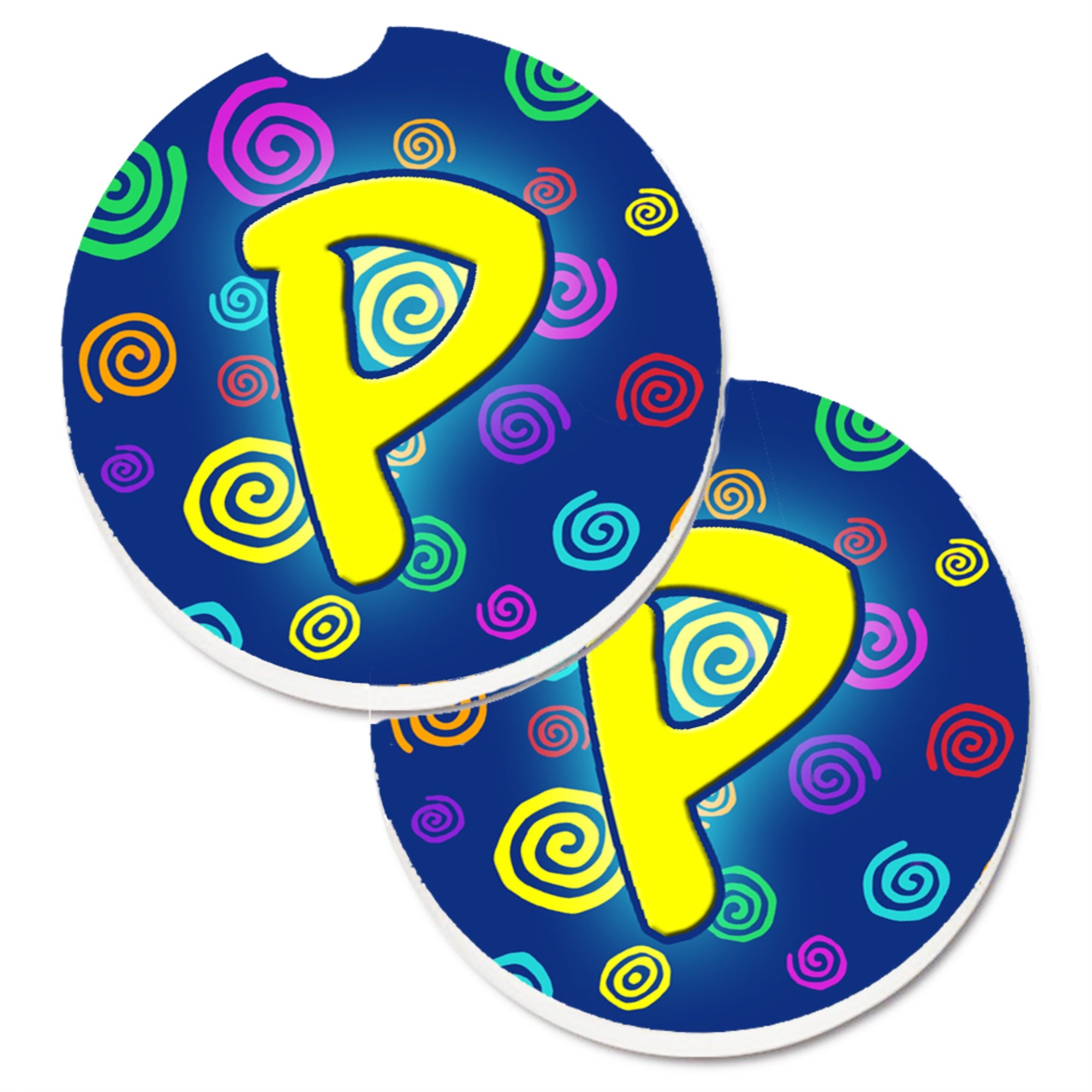 'Caroline'S Treasures Letter P Initial Monogram - Blue Swirls Set Of 2 Cup Holder Car Coasters Cj1011-Pcarc, 2.56, Multicolor''