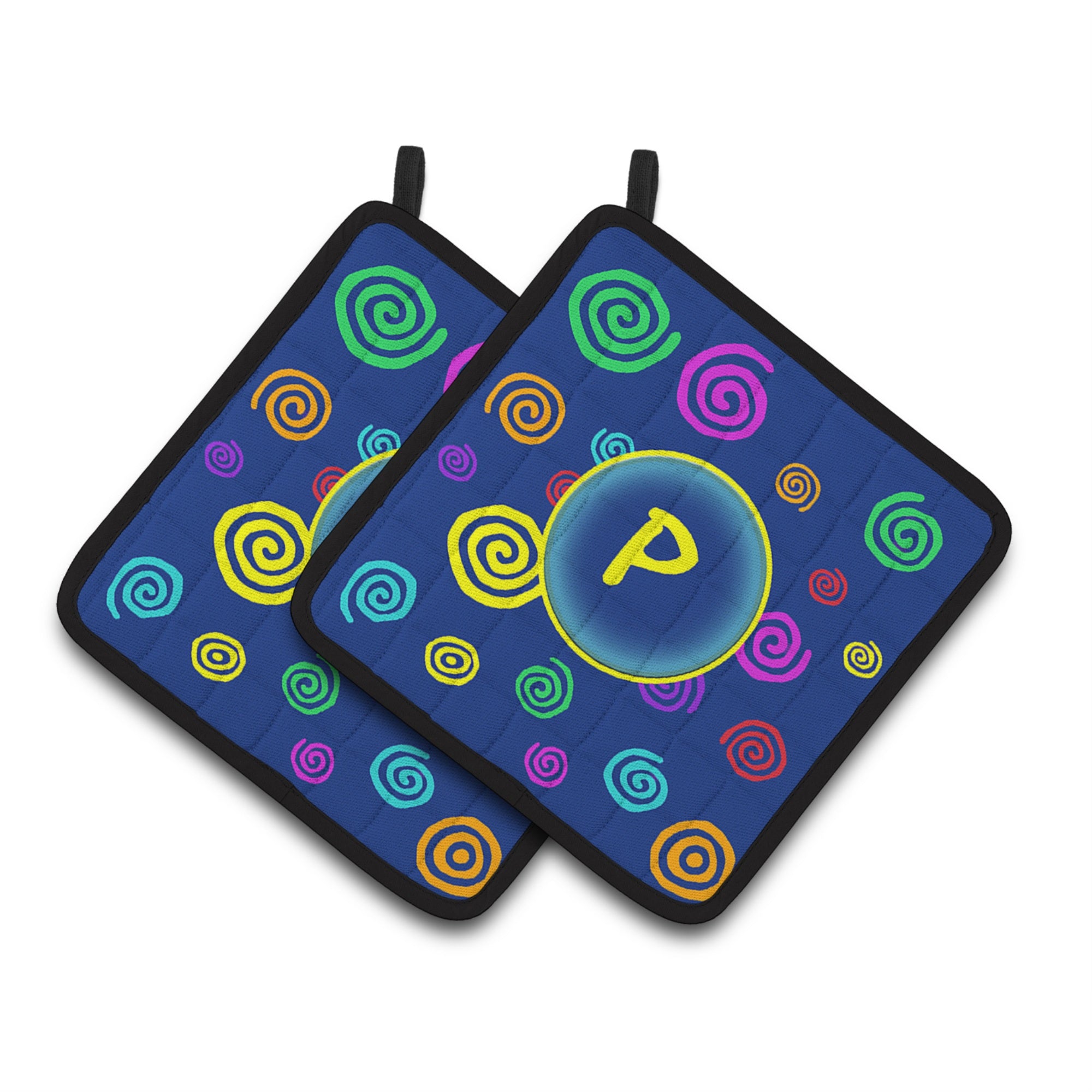 'Caroline'S Treasures Letter P Initial Monogram - Blue Swirls Pair Of Pot Holders Cj1011-Ppthd, 7.5Hx7.5W, Multicolor''