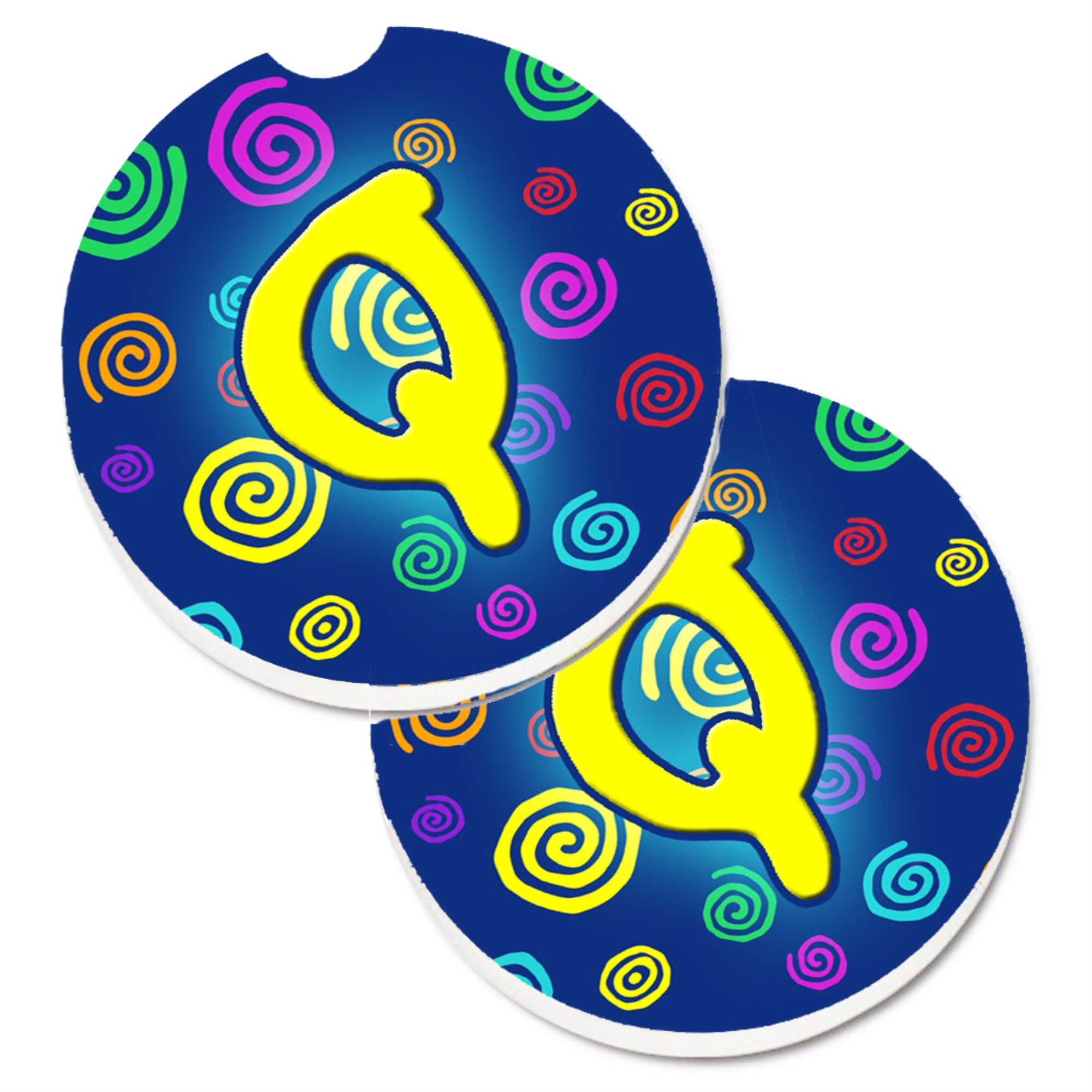 'Caroline'S Treasures Letter Q Initial Monogram - Blue Swirls Set Of 2 Cup Holder Car Coasters Cj1011-Qcarc, 2.56, Multicolor''
