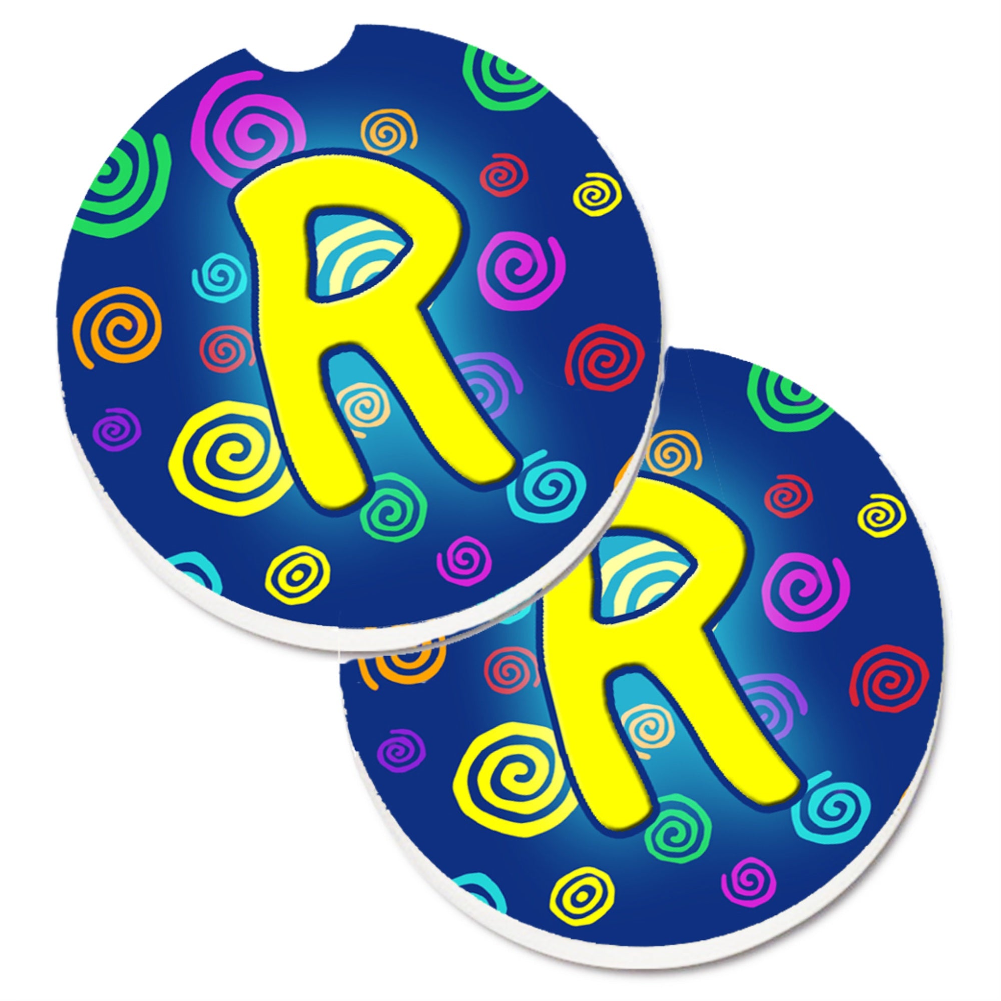 'Caroline'S Treasures Letter R Initial Monogram - Blue Swirls Set Of 2 Cup Holder Car Coasters Cj1011-Rcarc, 2.56, Multicolor''