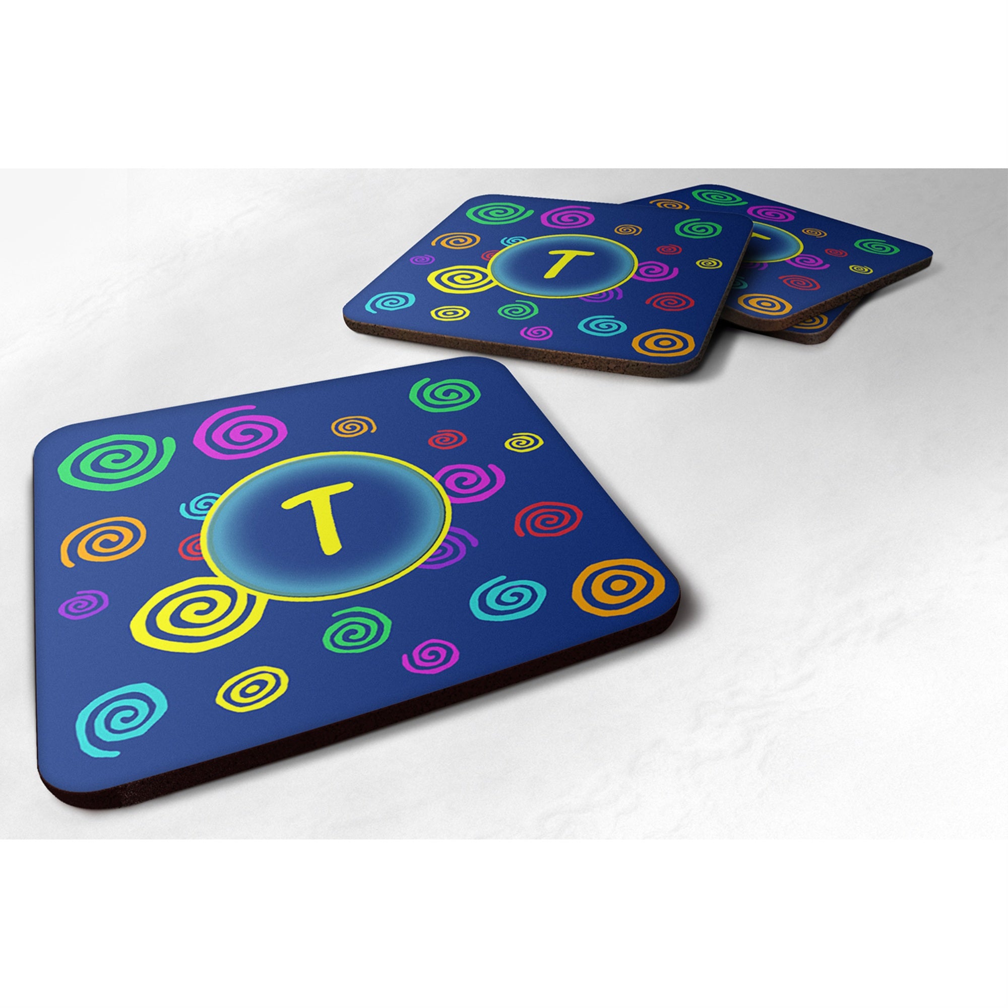 'Caroline'S Treasures Cj1011-Tfc Monogram-Blue Swirls Foam Coasters (Set Of 4), Initial Letter T, 3.5'''' H X 3.5'''' W, Multic